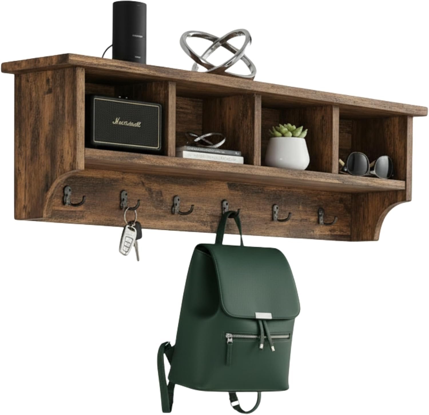 Pomona Solid Wood Entryway Coat Rack with Cubbies, Rustic Brown, 48 Inch | Wall-Mounted Coat Rack with 6 Double Hooks and 4 Open Cubbies, Rustic Farmhouse Mudroom Storage by Alaterre Furniture