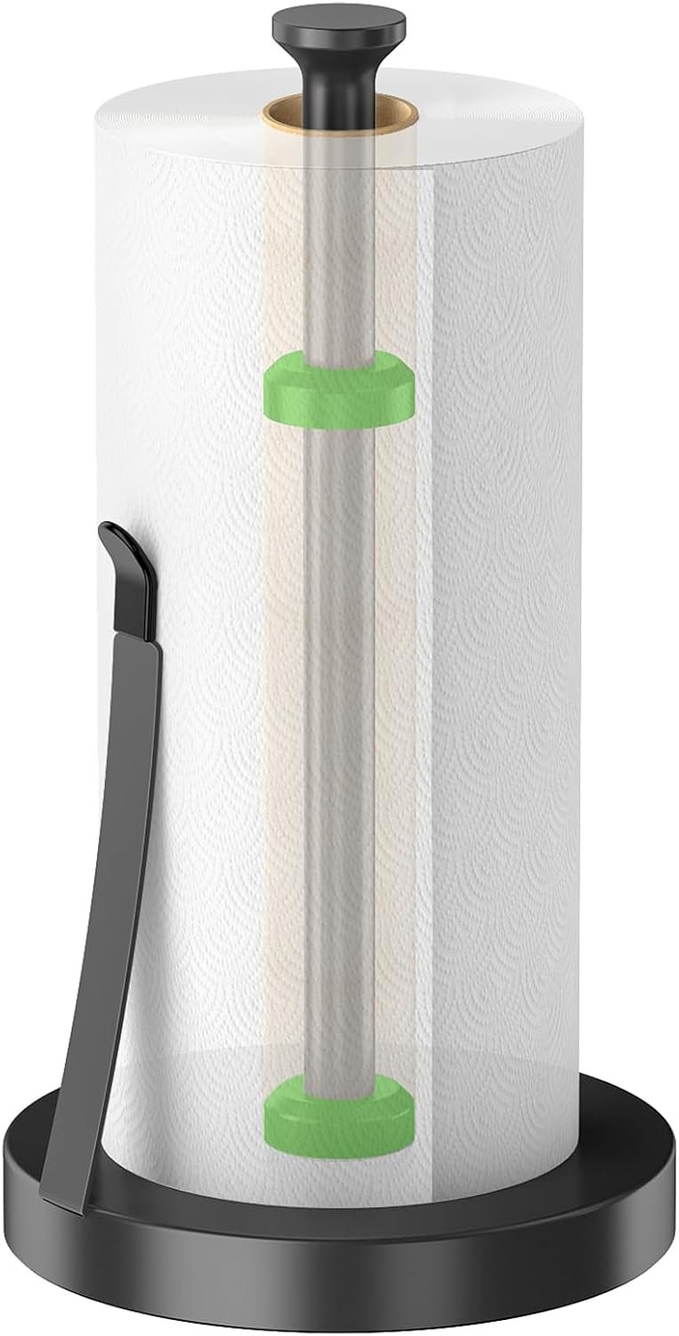 Jesginboo Countertop Paper Towel Holder for Kitchen, Black Tension Arm | One-Handed Tear, Stainless Steel Paper Towel Holder Stand for Bathroom Laundry Room Workshop