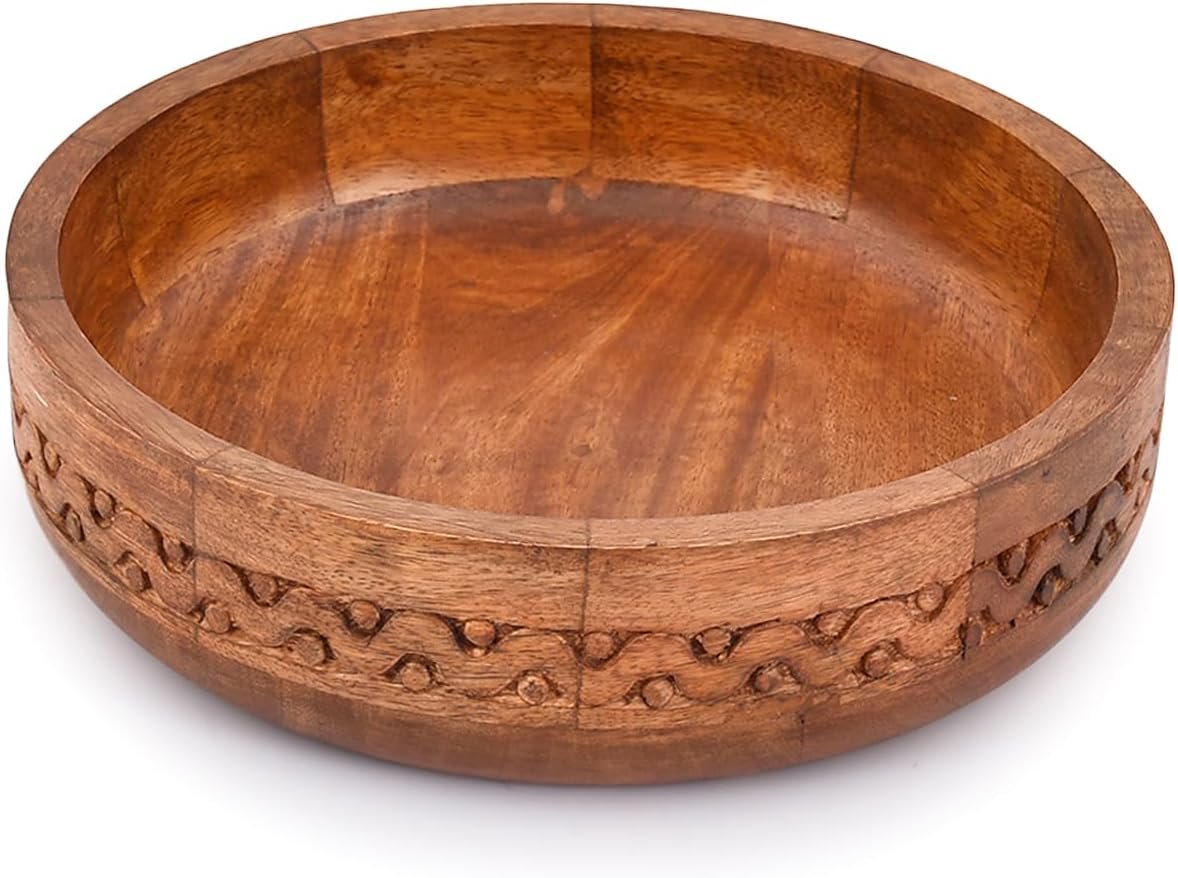 EDHAS Mango Wood Decorative Round Carved Bowl for Decoration, Centerpiece Bowl for Table (10″ x 10″ x 2.5″)