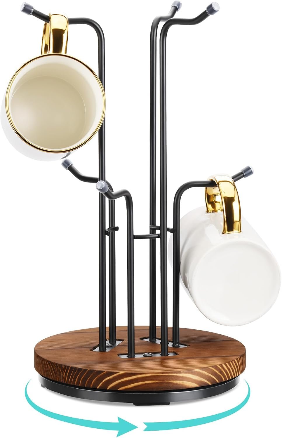 HULISEN 360° Rotating Mug Tree, Coffee Mug Holder for Large Cups, 6 Hooks | Cup Holder for Countertop, Stable Wooden Base, Space-Saving Coffee Bar Metal Rack Stand, Kitchen Counter Decor