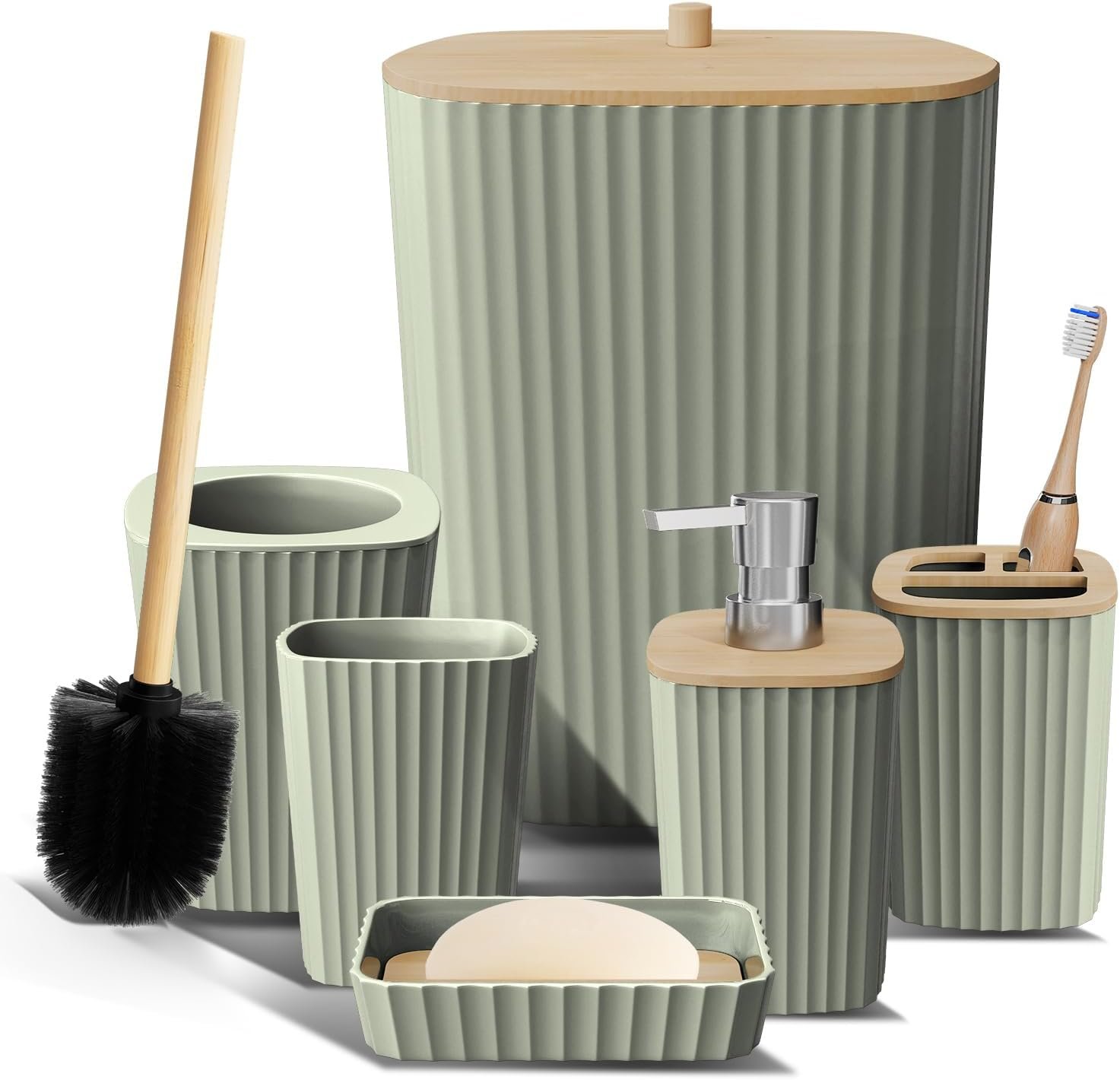 Clara Clark Bathroom Set – Sage Green Bathroom Accessories Set, 6PC Bathroom Accessory Set, Bathroom Sets with Toilet Brush, Trash Can & Soap Dispenser