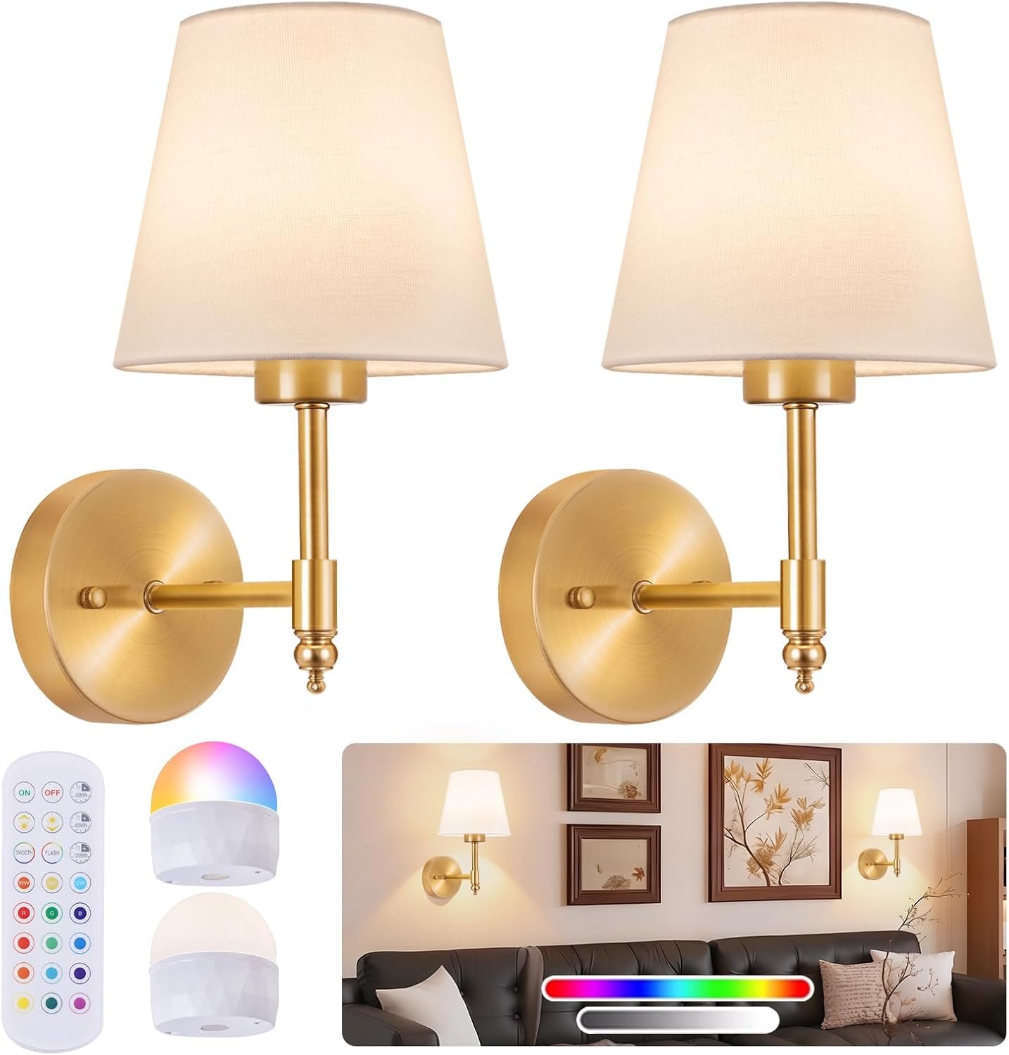 Battery Operated Wall Sconce Set of 2, Rechargeable Wireless Wall Lights | with fabric Lampshade, 5200mAh Dimmable Bulbs with Remote,15 Colors Wireless Wall Lamps for Bedroom Living Room Hallway Decor