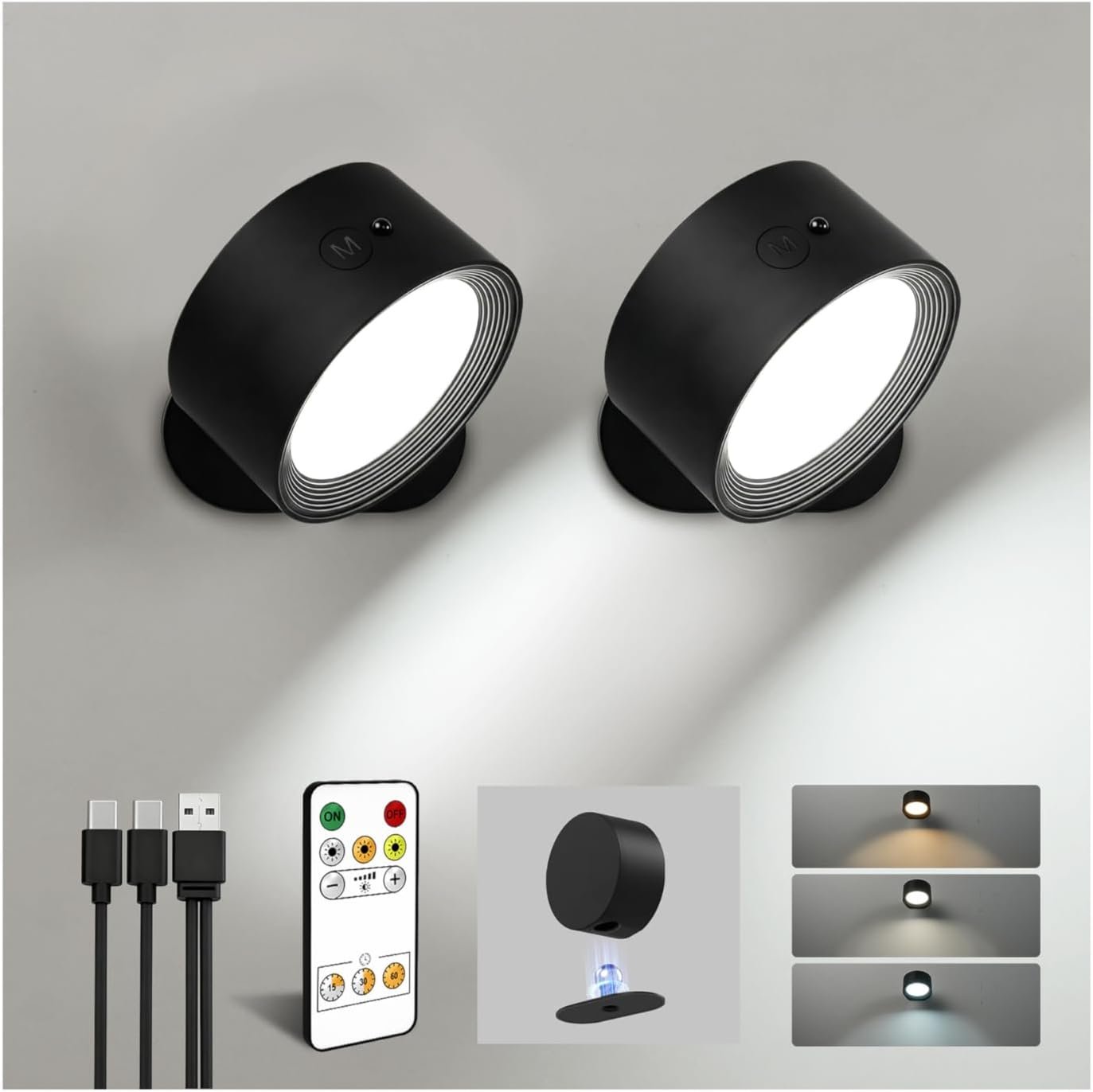 LED Wall Mounted Lights, Rechargeable Wall Sconces, 3 Color Temps, Remote & Touch, 360° Rotating and Dimmable for Bedroom, Bedside & Reading (Black, 2 Pack)
