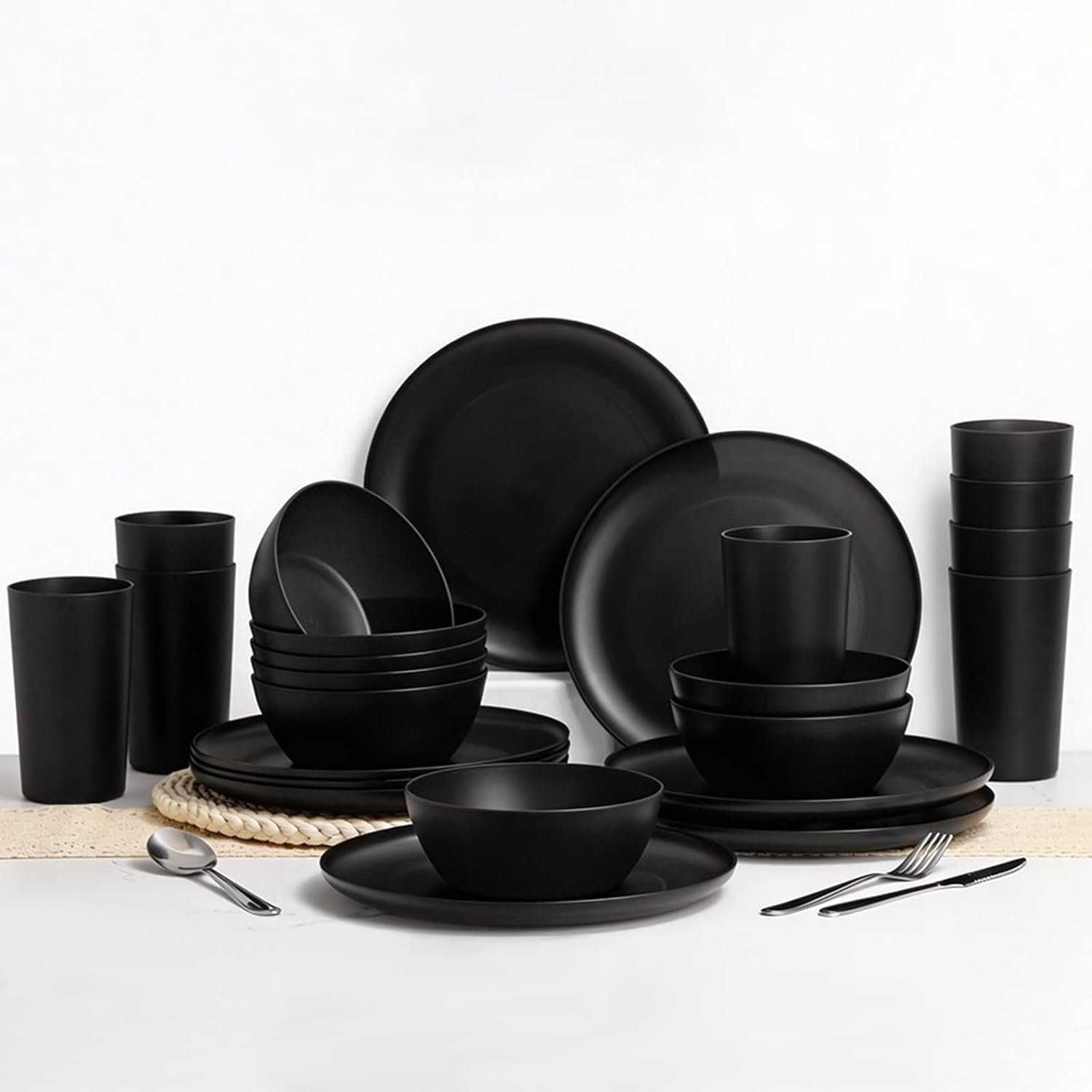 24pcs Dinnerware Sets,Plates and Bowls Sets,Dishes Set for 8,Unbreakable Modern Dish Sets,Reusable Dinning Set,Dishware Sets for Kitchen,Party or Picnic, Dishwasher Safe,Black,BPA free