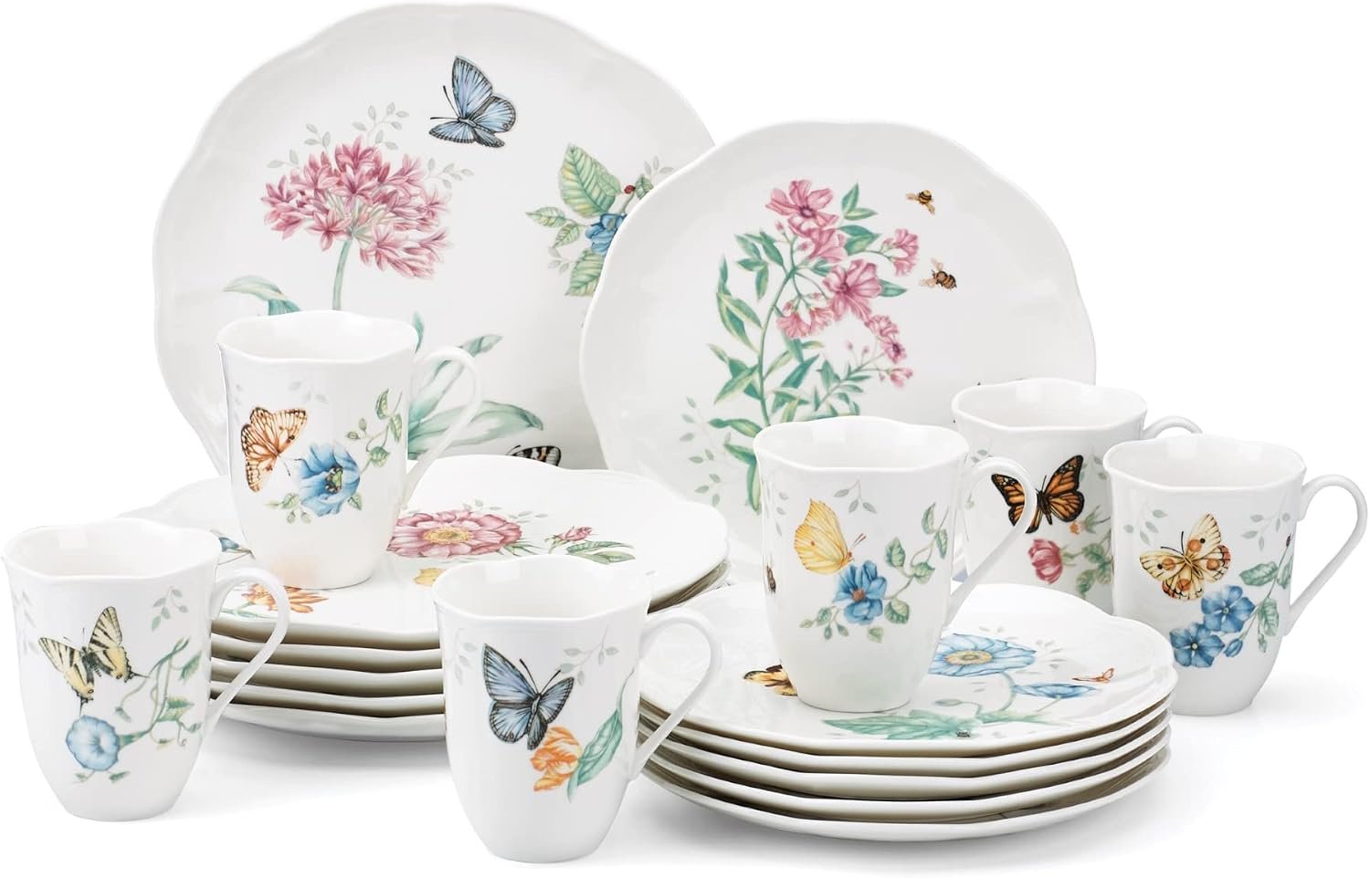 Lenox Butterfly Meadow Porcelain 18-Piece Dinnerware Set for 6 | ceramic, dishwasher safe, microwave safe | plates and bowls sets for kitchen and dining | 10.75 inch plate