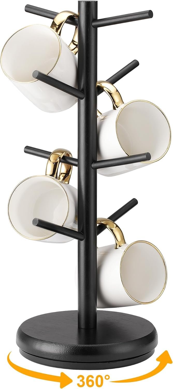 Lorbro Coffee Mug Tree, 360° Rotating Wooden Mug Holder with 8 Hooks | Large Mug Friendly, Space-Saving Display, Stable Wooden Base, Easy Assembly, Coffee Bar, Kitchen Counter, Gift Ready