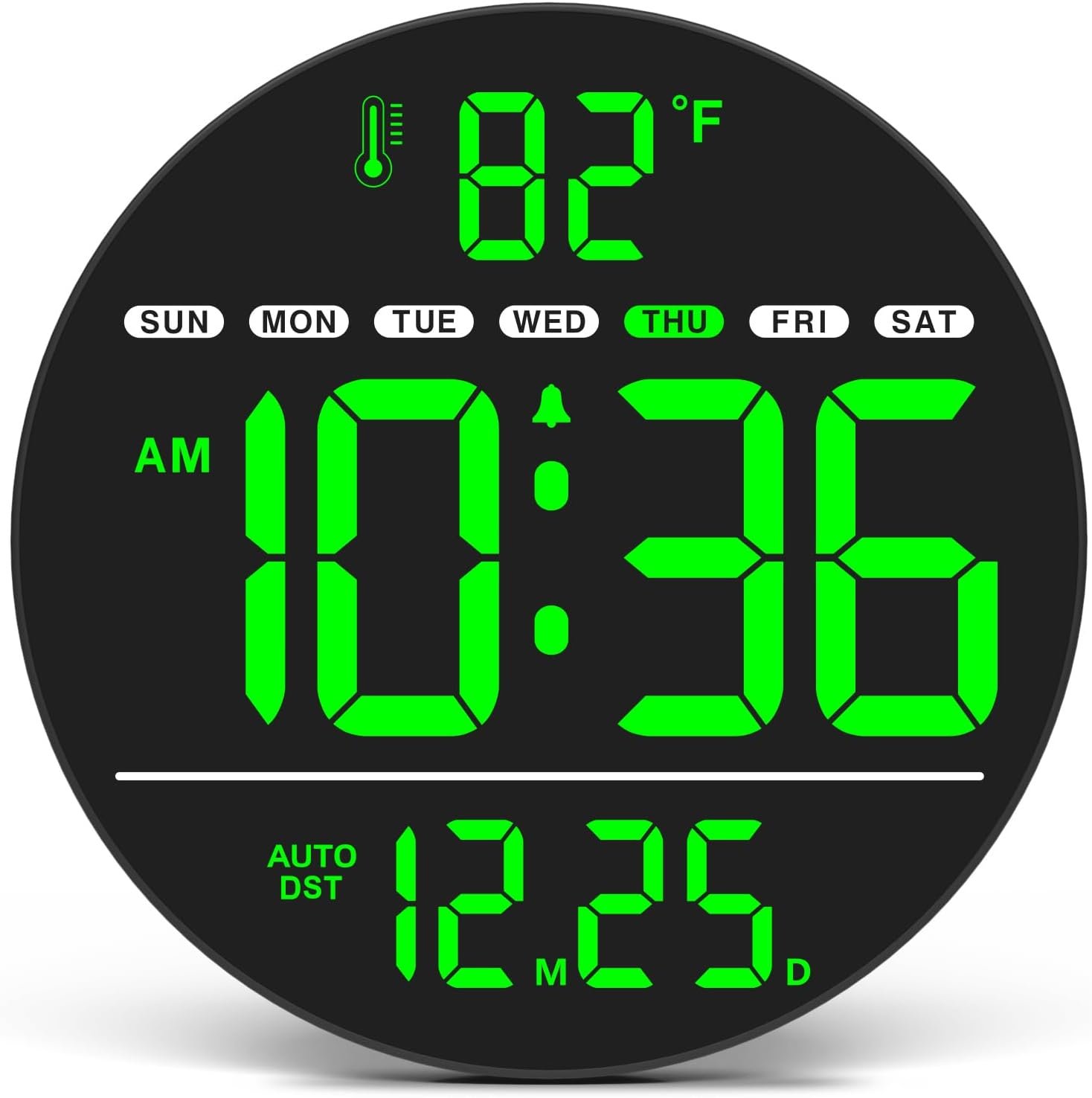 Electric Large Digital Wall Clock with LED Display | PLUG IN clock with Temperature, Auto DST, Date and Day, 5-Level Brightness for Office, Bedroom, Classroom, Living Room