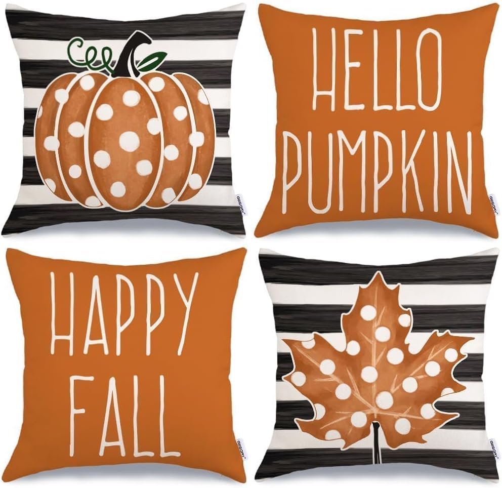 4 Pack 18×18 Fall Pumpkin Striped Pillow Covers Farmhouse Decor | Polka Dots Pumpkin Maple Leaf, Happy Fall, Autumn Throw Pillow Covers, Farmhouse Decor, Orange Cushion Case, Couch Sofa