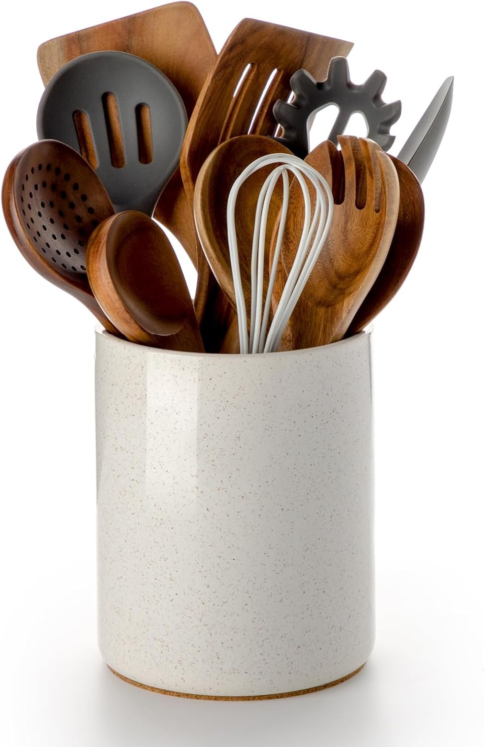 Nucookery Ceramic Kitchen Utensil Holder for Countertop Organizer 6.4″ Sand | cooking utensil crock for kitchen counter, sturdy non-slip base,easy to clean,vintage farmhouse kitchen decor, Christmas Gift