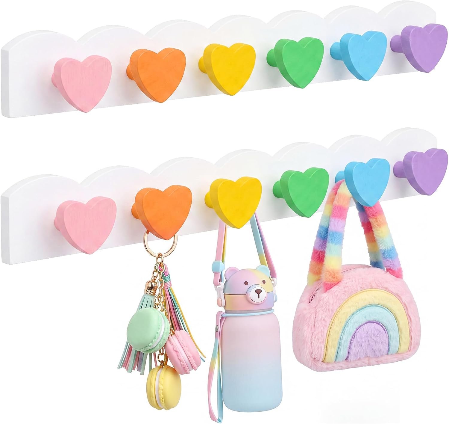 2 Pcs Kids Scalloped Coat Rack Wall Mount Cute Nursery Wall Hook Rainbow Coat Rack Hooks Wooden Backpack Hanger for Clothes, Hat, Towel, Bathroom, Nursery Decor