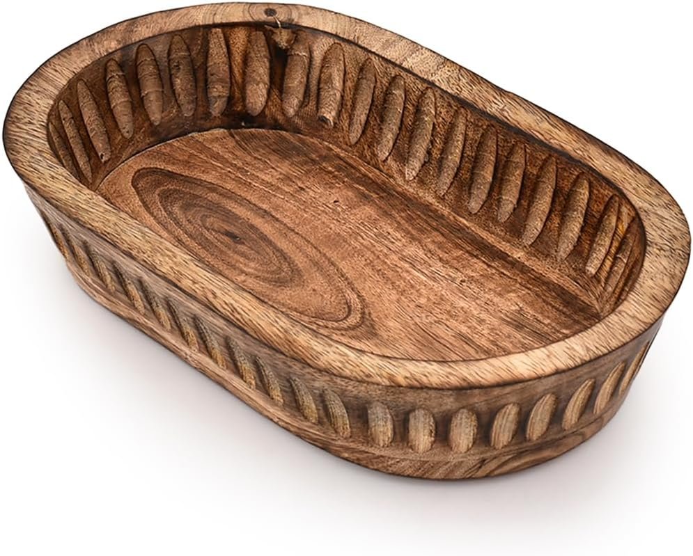 Decorative Bowl Mango Wood for Home Decor, Unique Centerpiece Bowl, with Hand Carved Vertical Stripes for Home Decor, Bathroom, Kitchen Counter, & More (10″ x 6″ x 2″)