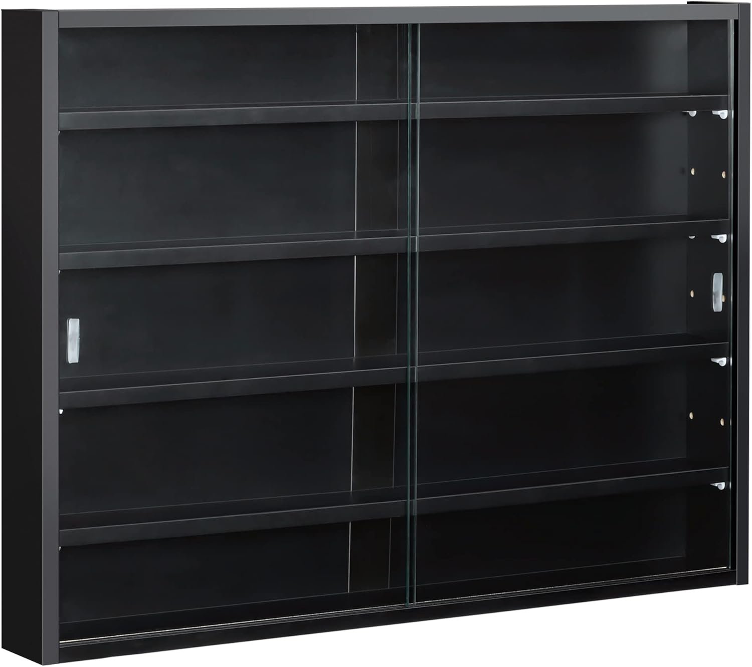 HOMCOM 5-Tier Display Cabinet, Glass Door Cabinet with Adjustable Shelves, Wall-Mounted Display Case for Playroom, Bedroom, Black