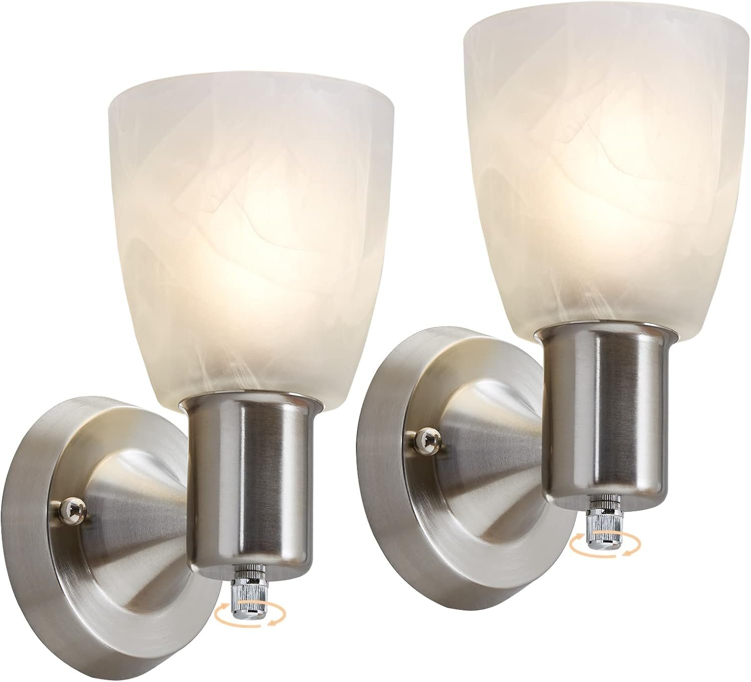 EJIAXIN Wall Sconces Set of 2, Brushed Nickel Vanity Lights for Bathroom, Modern Wall Light Fixtures with Rotary Switch, Wall Mount Light with Frosted Glass, Farmhouse Lamp for Bedroom Living Room