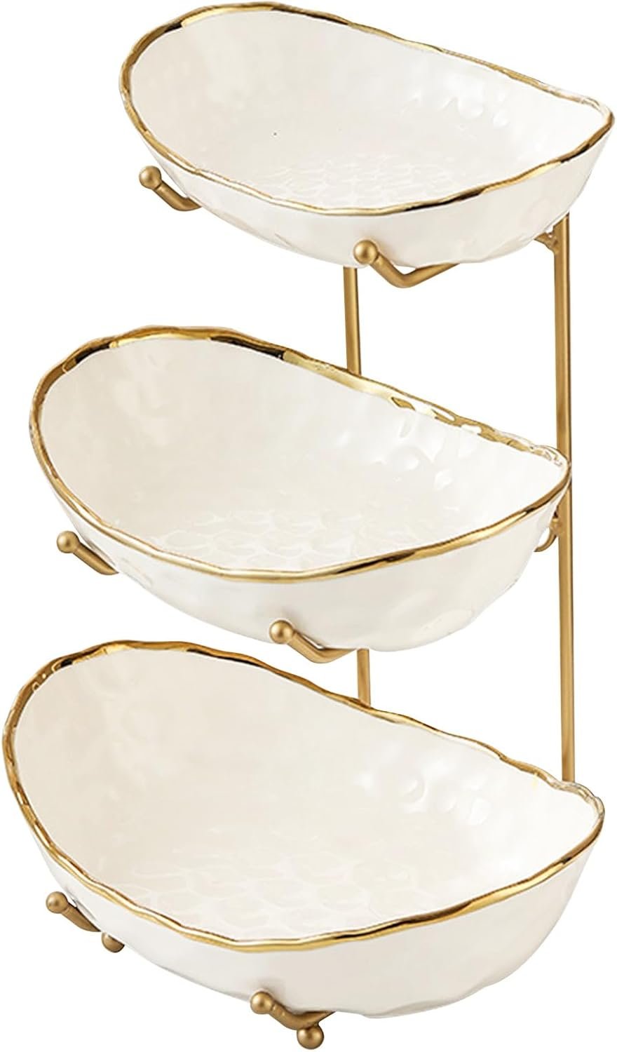 White Fruit Bowl with Gold Metal Stand, 3 Tier Modern Ceramic Fruit Bowl Fruit Rack for Kitchen Counter, Tiered Fruit Basket for Snacks Bread Candy Storage (White,3 Tier)