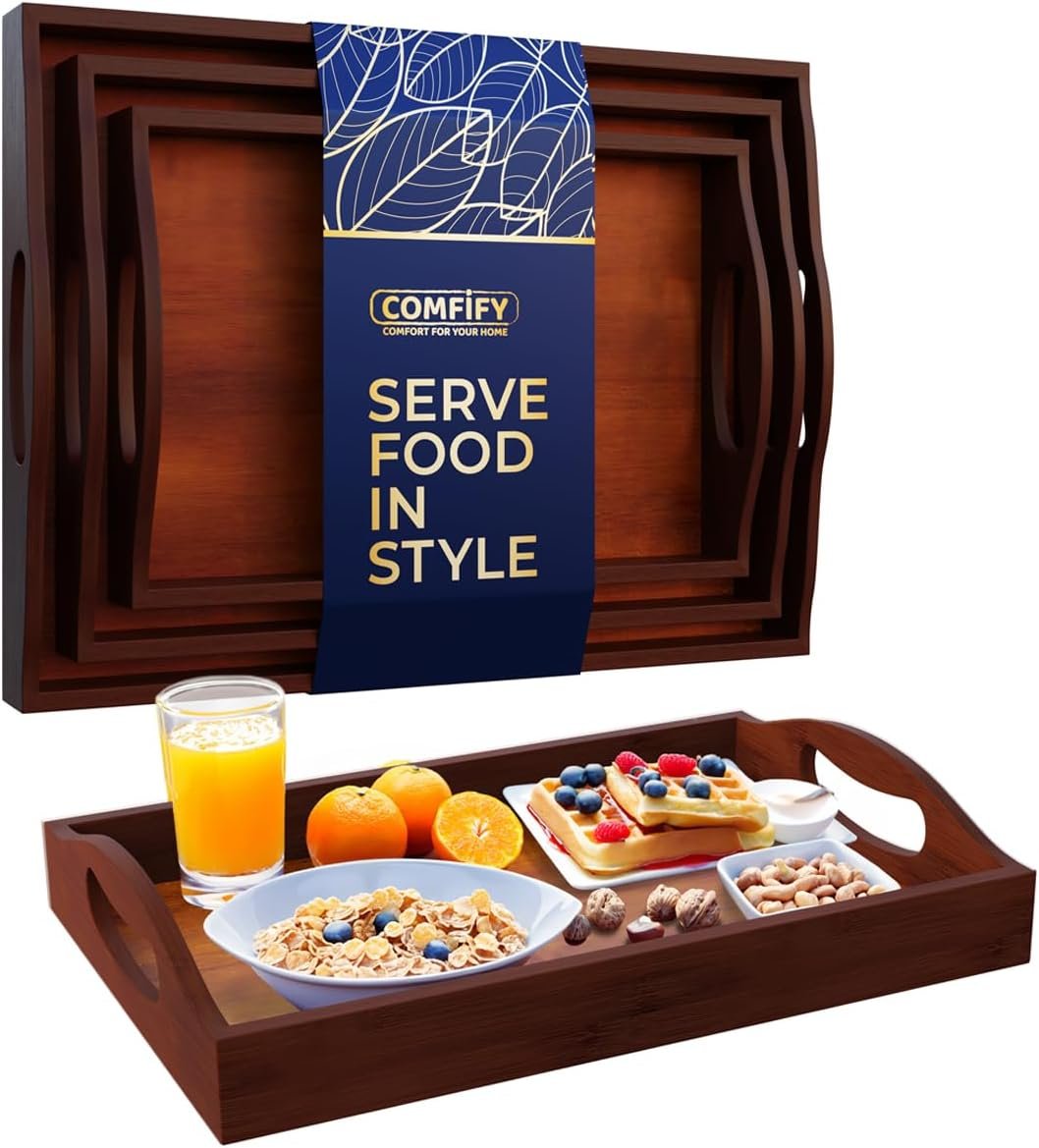 Comfify Dark Brown Bamboo Serving Trays Set of 3 – Nesting Ottoman Trays | Dark-stained bamboo with walnut tones; cutout handles; for coffee table, bar and bedroom dresser; S: 12″, M: 14.5″, L: 16.25″