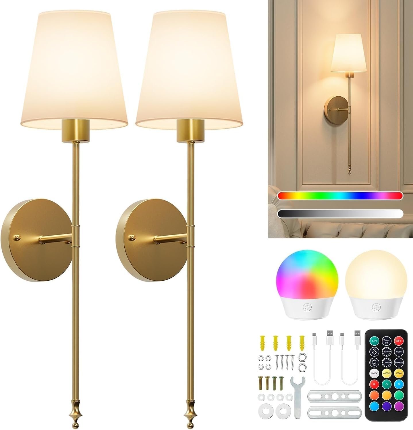 Brightown Battery Operated Wall Sconces Set of Two,Gold Sconces Wall Decor | RGBWW Rechargeable Wall Lights with Dimmable Magnetic Bulbs & Remote, Wireless Wall Lamp for Living Room Bedroom Hallway
