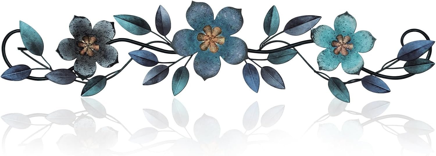 Wesiti Metal Flower Wall Decor Wrought Iron Scroll 15.7×3.7,Blue | Vintage Metal Flower decor,Farmhouse Leaf Art with Nails, Flat Not 3D Design, For Bedroom Kitchen Indoor Outdoor Wall Decor
