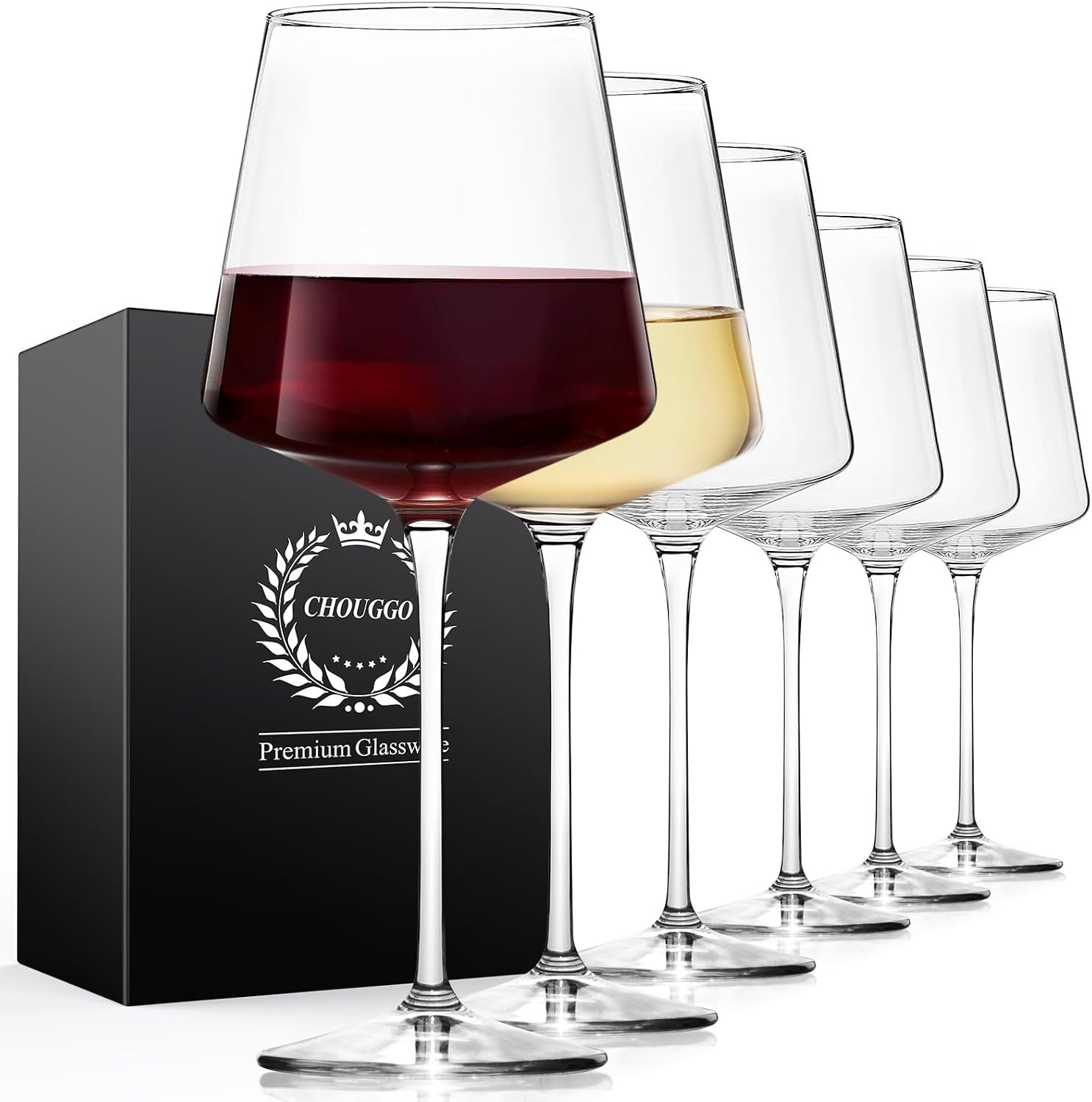 Chouggo 21Oz Crystal Wine Glasses Set of 6, Premium Large White or Red Wine Glasses, Hand Blown Tall Long Stem, Gifts for Women, Men, Wedding, Anniversary, Christmas, Birthday