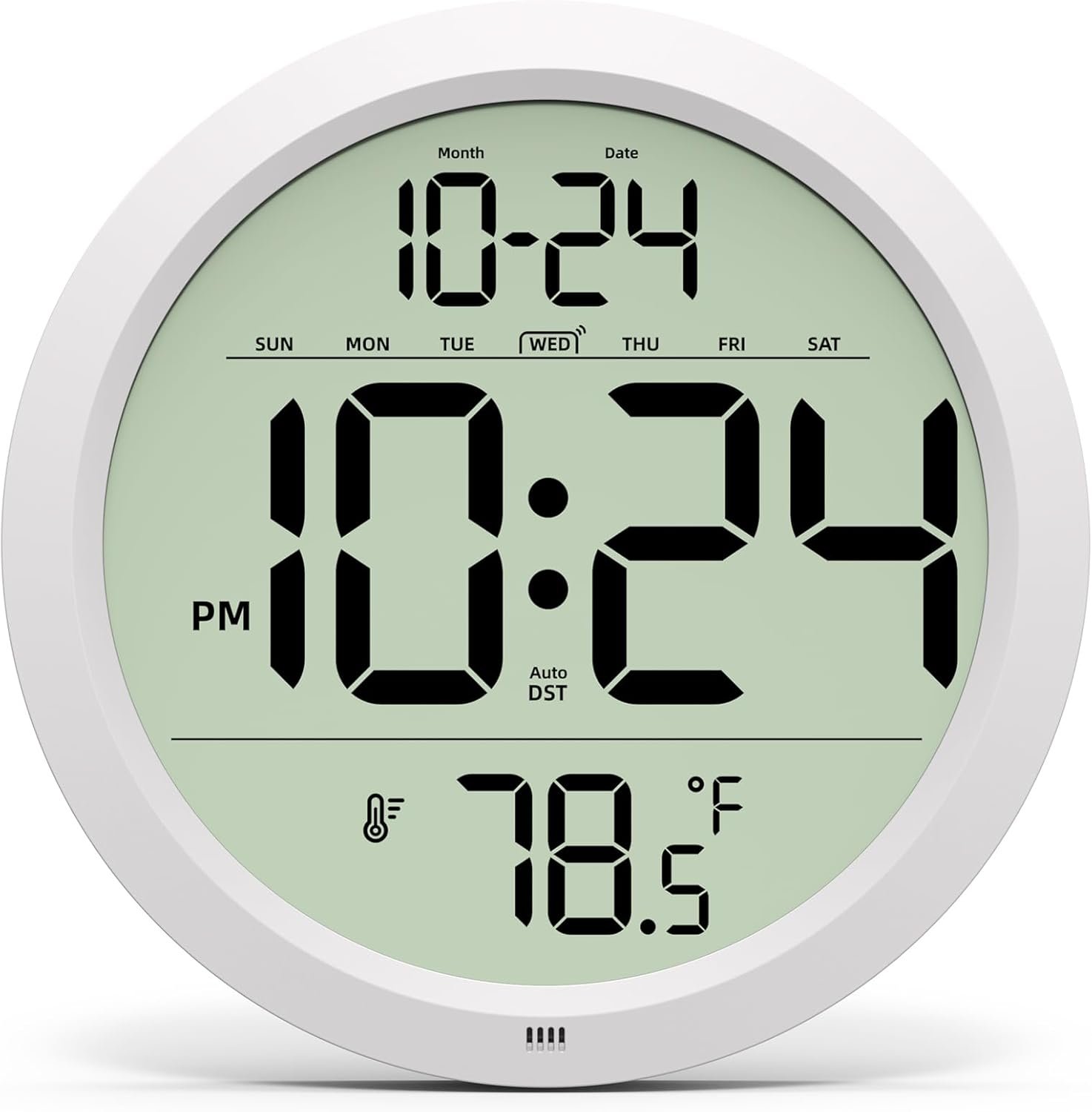 Digital Wall Clock Battery-Operated, 8 Inch Small Decorative Modern Wall Clock with Date, Temperature, Auto-DST, Silent Electric Wall Clock for Bedroom, Living Room, Kitchen, Office, Farmhouse – White