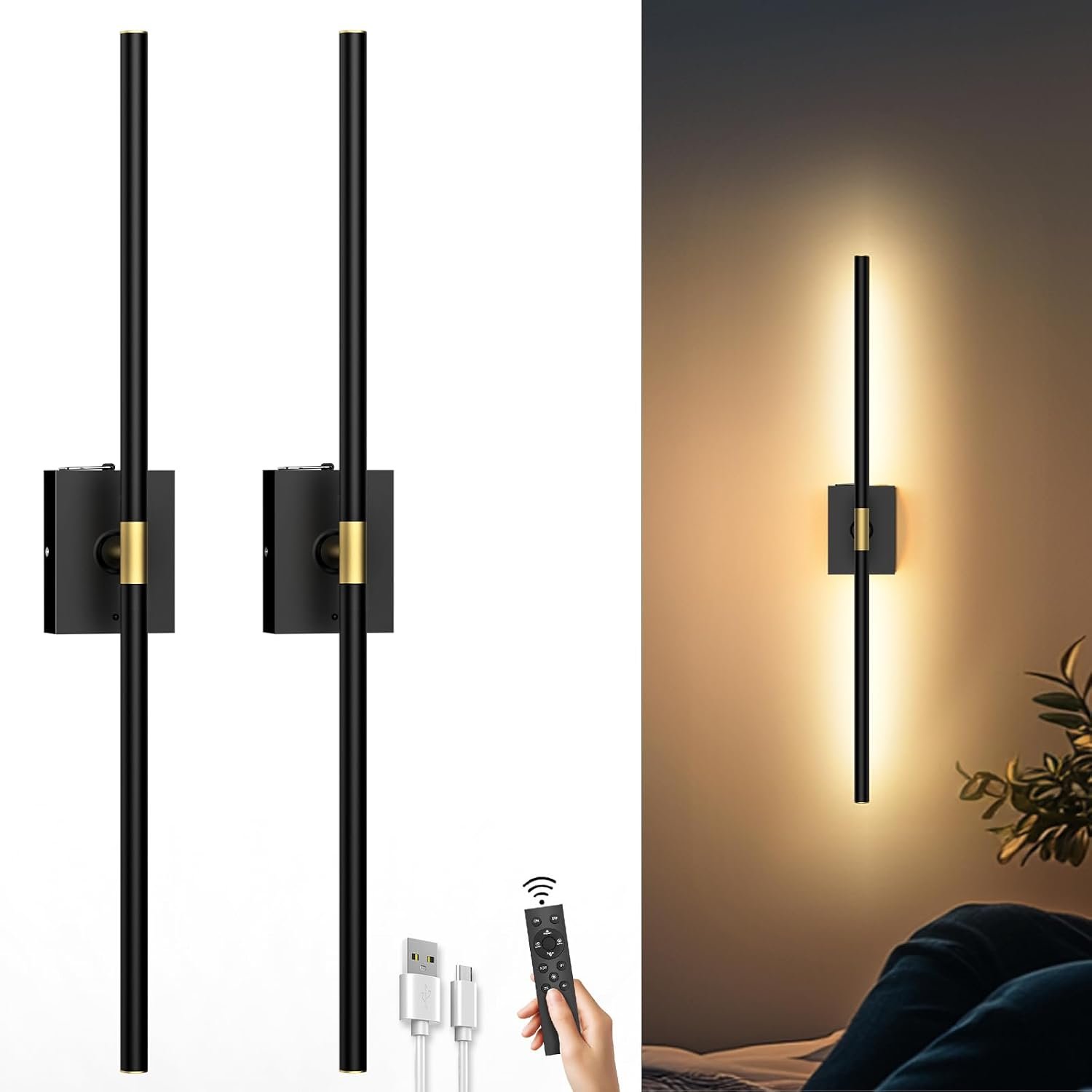 Battery Operated Wall Sconces Set of 2, 10000mAh, Black | Detachable rechargeable battery, 31.5″ wireless lighting for TV wall mirror bedroom or living room decor