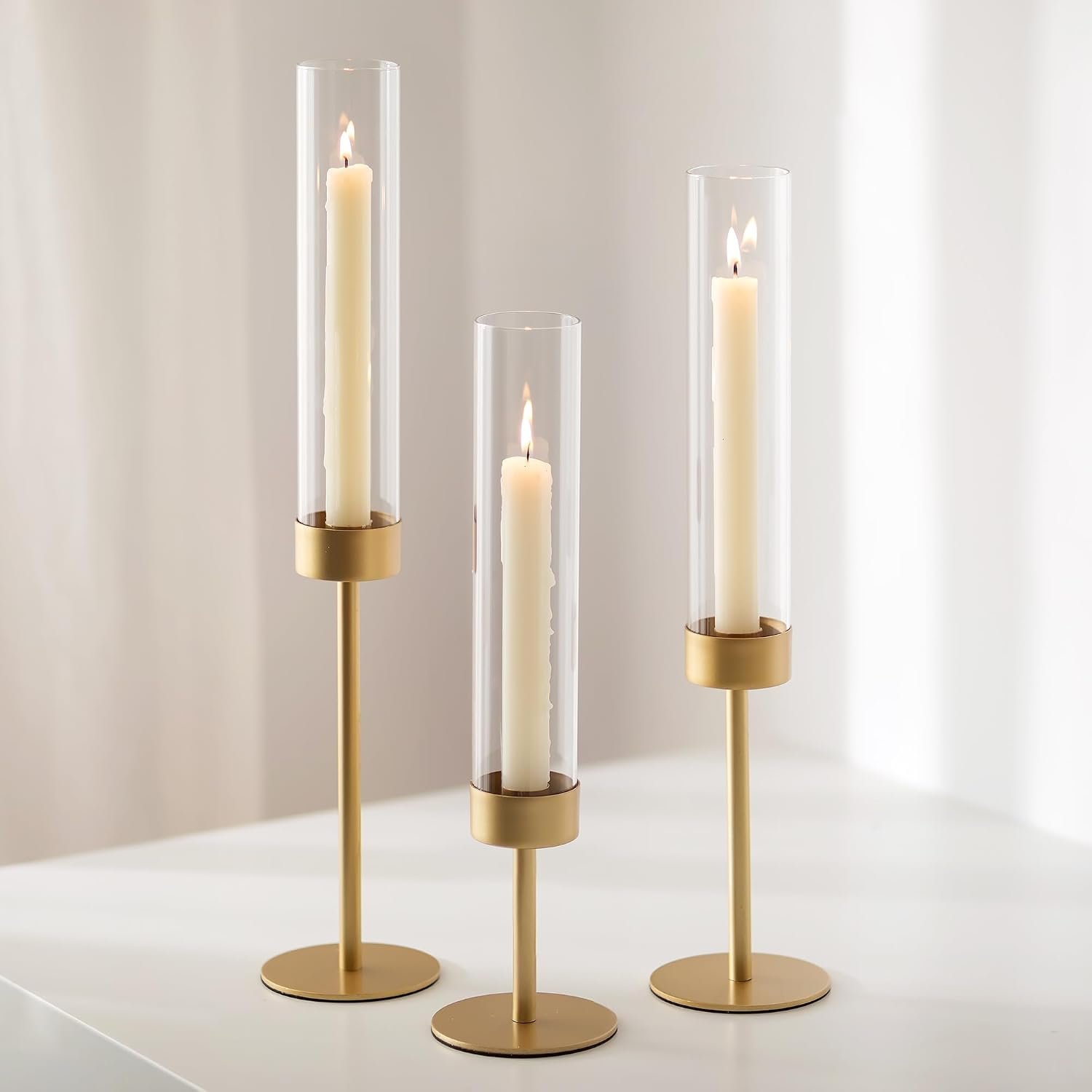 Romadedi Glass Hurricane Candle Holders for Candlestick, Gold, Set of 3 | Removable Borosilicate Clear Glass Cylinder Cover, Matte Gold Finish, Wedding Table Centerpiece, Party Christmas Decor