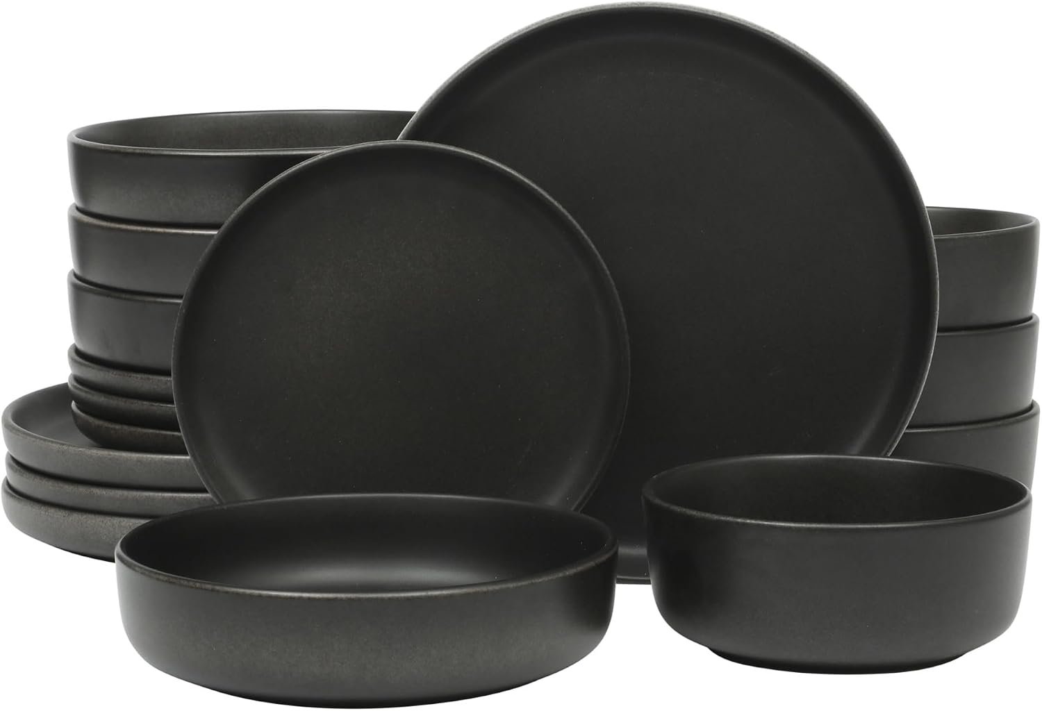 Gibson Elite Pasco 16 Piece (Service for 4) Plates and Bowls Double Bowl Reactive Glaze Dishes Stoneware Ceramic Dinnerware Set – Black