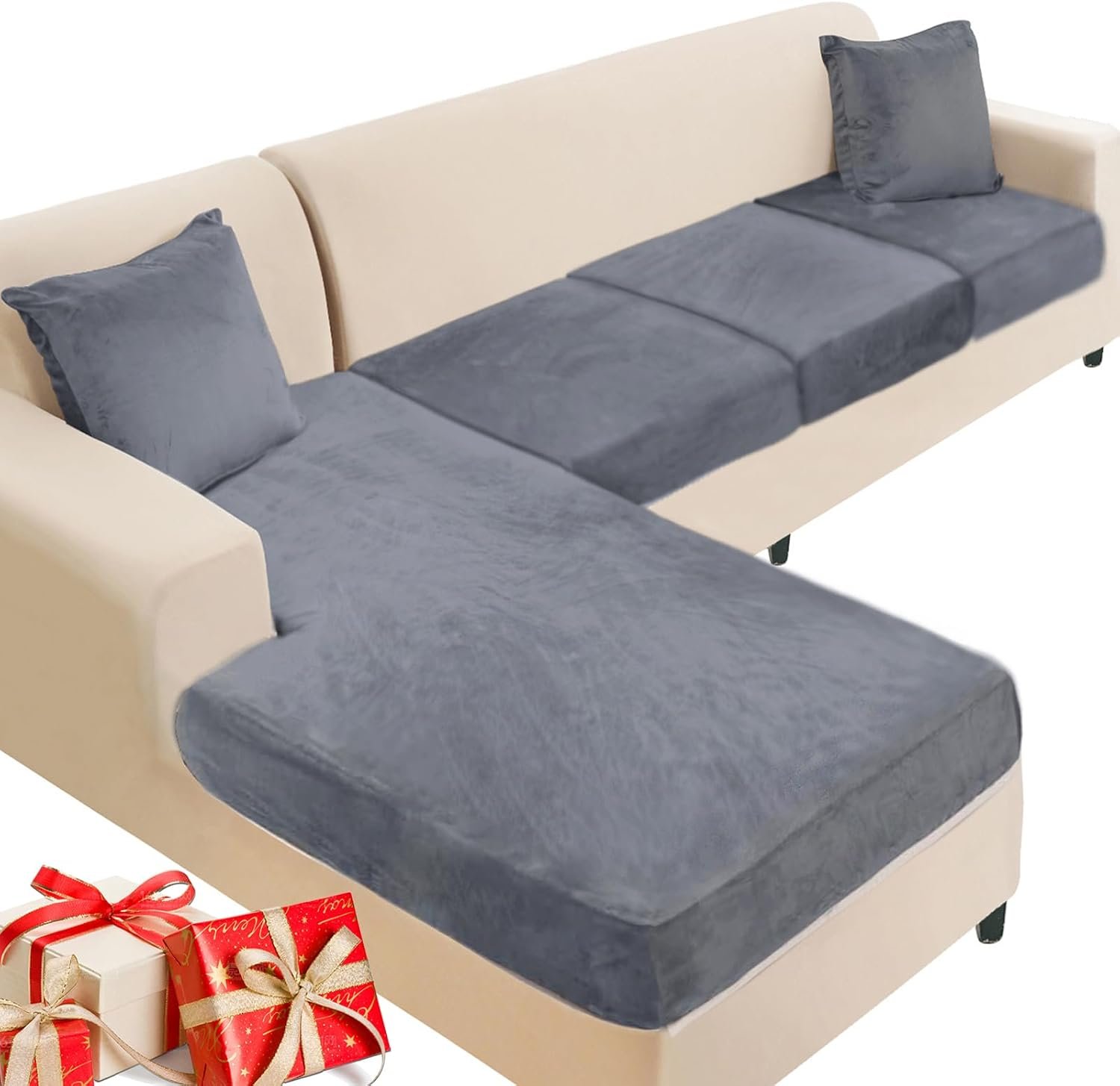 NAISI Sectional Couch Cover 4 Pieces Velvet Separate Couch Cushion Covers L Shape Soft Stretch Sofa Slipcovers with 2pcs Pillowcases for Left/Right Chaise Sectional Couch(3 Seater+1 Chaise,Dark Grey)