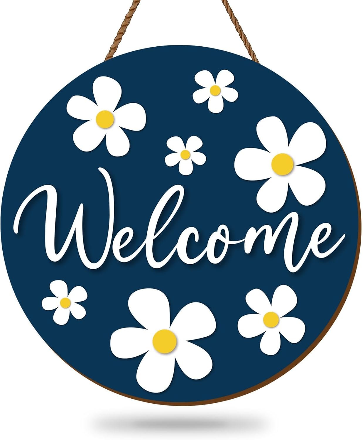 Whaline Daisy Welcome Wooden Hanging Sign Spring Daisy Flower Door Sign Farmhouse Rustic Front Door Hanger Wreath for Indoor Outdoor Home Porch Window Decor