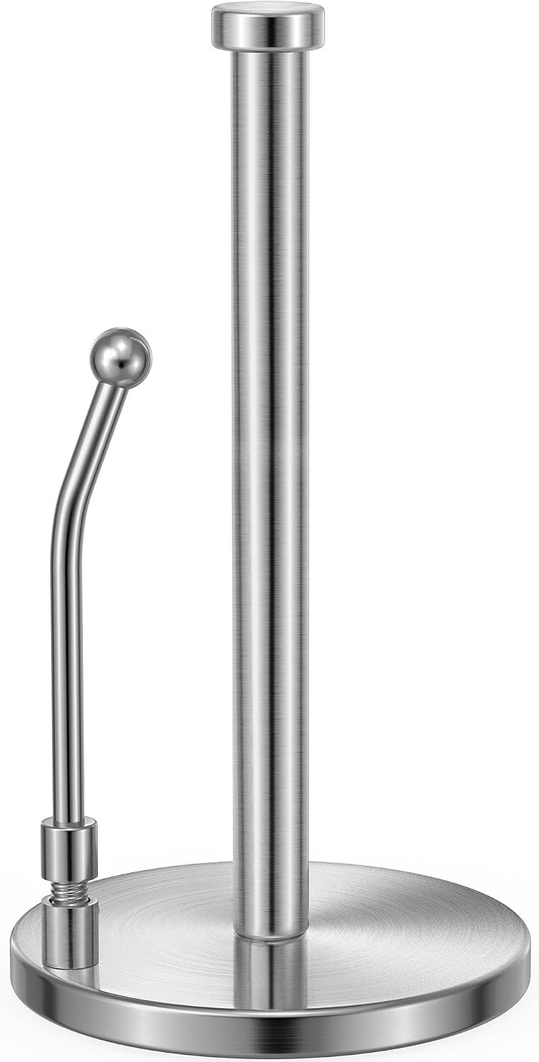 SMARTAKE Paper Towel Holder Countertop, Non-Slip Weighted Base, Silver | Freestanding Kitchen Roll Dispenser, Rustproof Stainless Steel, Spring Arm for Easy Tear, Widden Top, with 4 Suction Cups