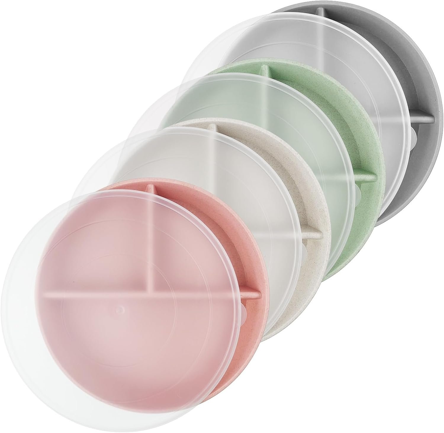 9 Inch 4PCS Divided Plates with Lids, Portion Control Plates for Kids Adults, Dishwasher Microwave Safe Compartment Plate, Unbreakable Lightweight Reusable Wheat Straw Plate Set, INS