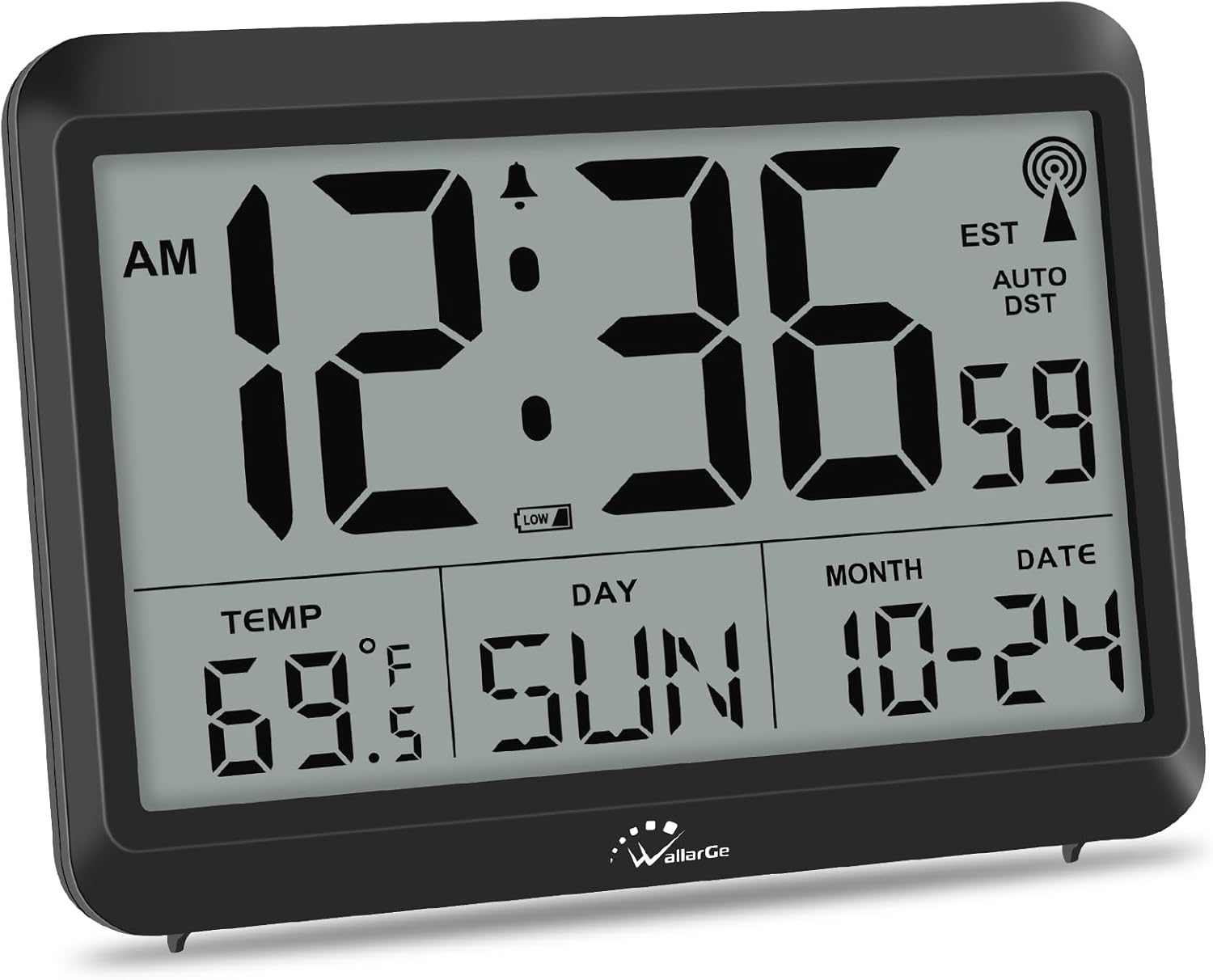 Self-Setting Atomic Digital Wall Clock with Auto DST | Battery Operated, Large Display with Temperature, Date and Day, 4 Time Zones, Wall Mount/Desktop Clock for Classroom, Office