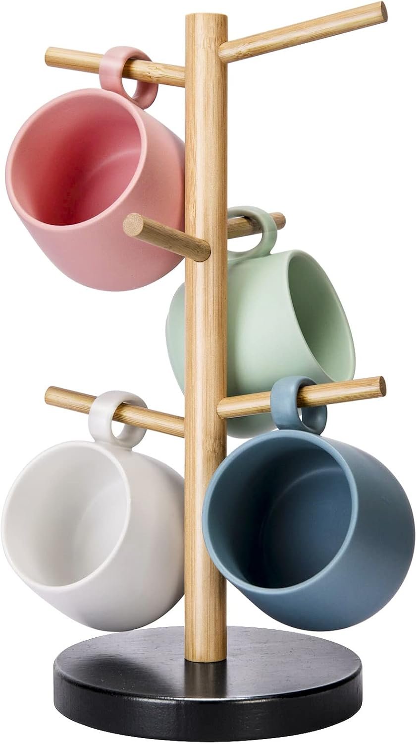 Wisuce Coffee Mug Holder with 6 Hooks, Bamboo Mug Tree Stand for Countertop | Non-Slip Coffee Cup Holder, Stable Wooden Base, Mug Rack for Kitchen Coffee Bar Cabinet Decor, Space-Saving, Easy to Assemble
