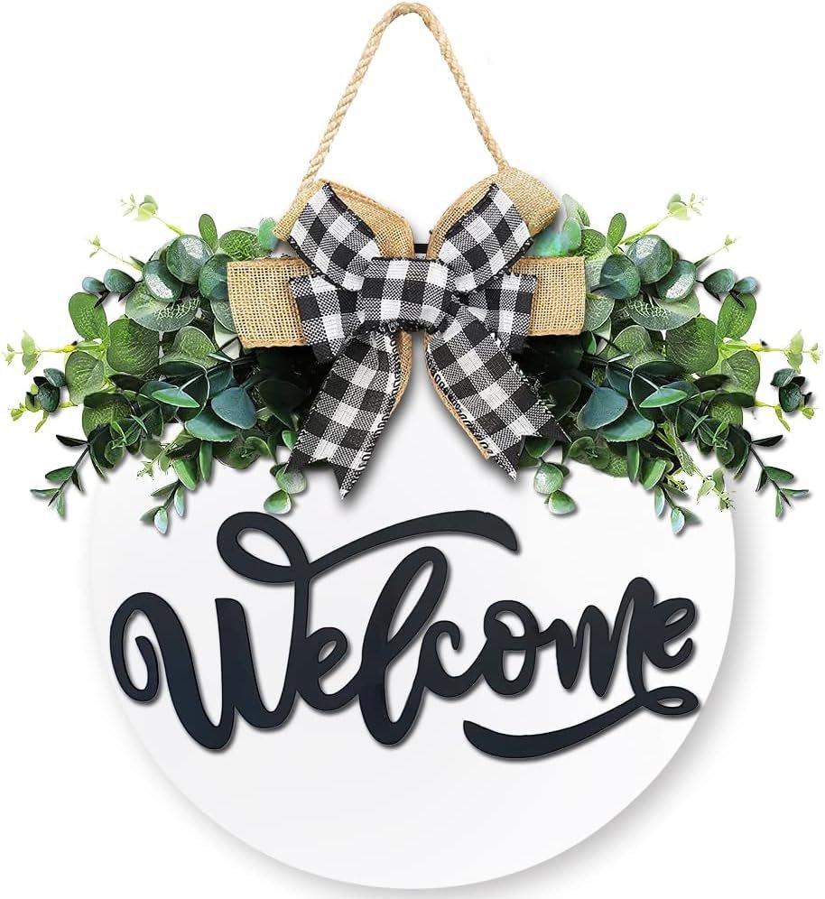 White Welcome Sign for Front Door, 12 Inch Round Wood Wreath | Weatherproof Solid Wood, Firmly Stapled Greenery & Bow, 3D Anti-Fade Letters, Farmhouse Housewarming Gift, for Indoor Outdoor