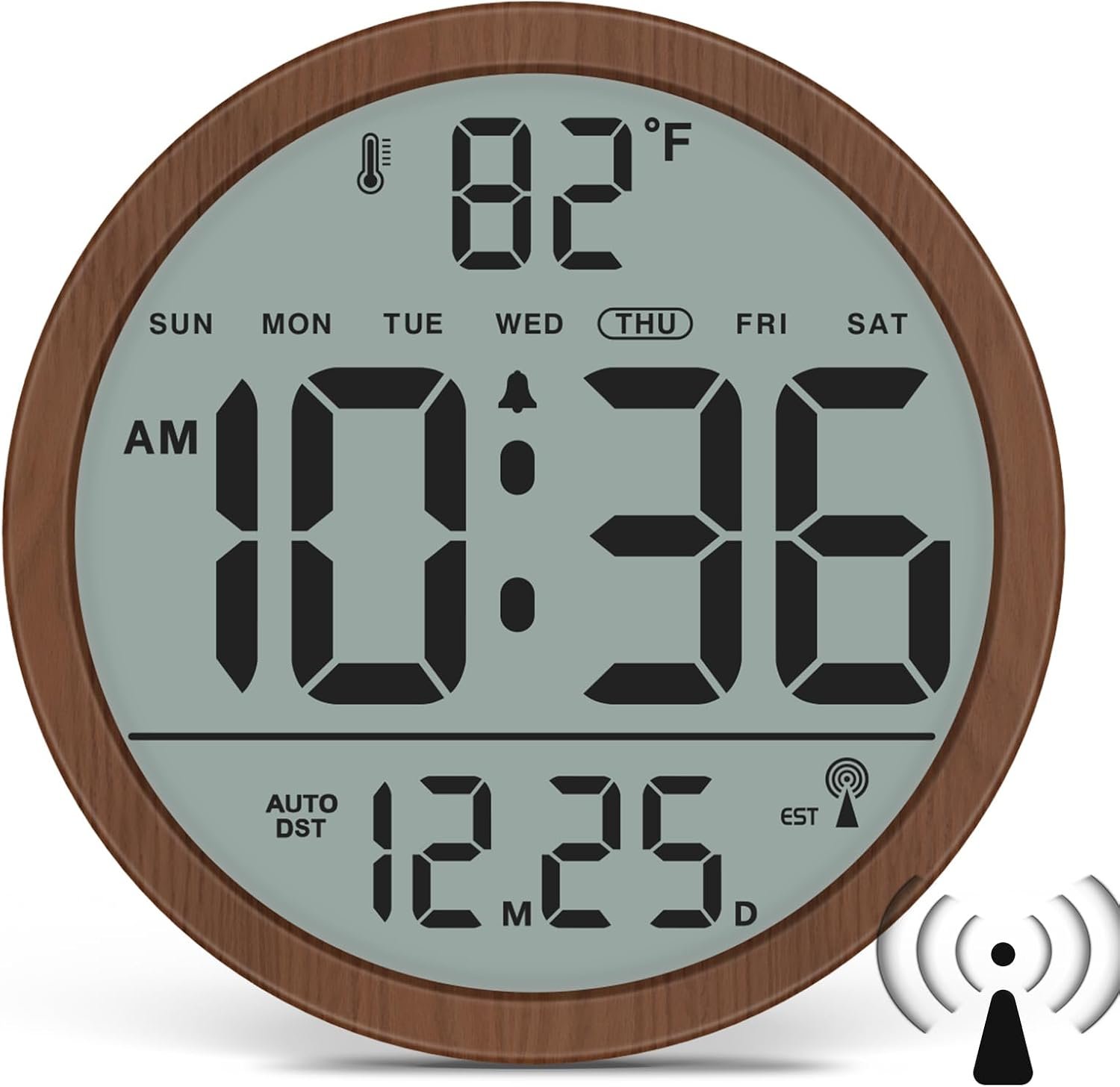 Digital Atomic Wall Clock Battery Operated, 8 Inch Large Display | Never Needs Setting Clock with Date and Temp, Auto DST, Self-Setting Time, Easy to Read for Bedroom, Living Room, Office