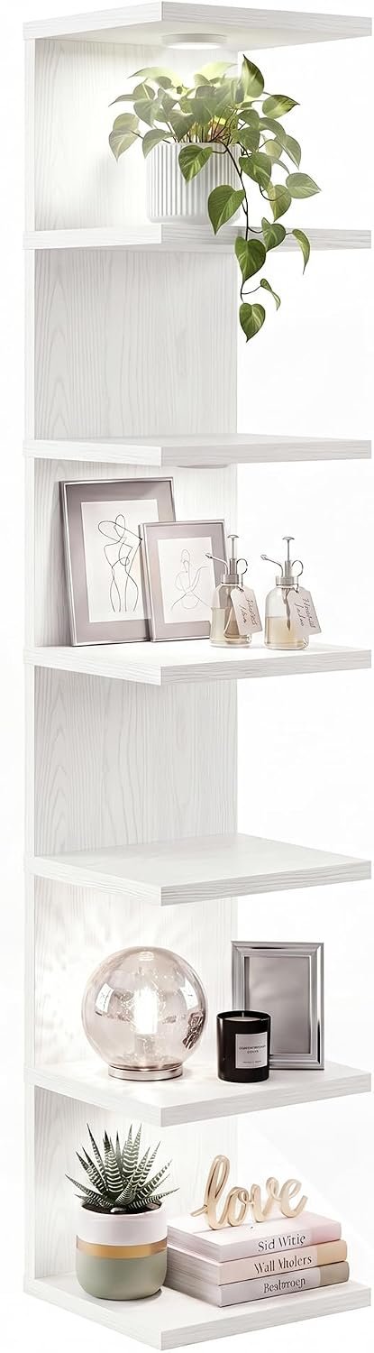 7-Tier Floating Shelves for Wall, Corner Shelf with LED Lights Lack Shelf for Home Organizer Display, Space-Saving, for Kitchen, Living Room, Bedroom, Modern, White