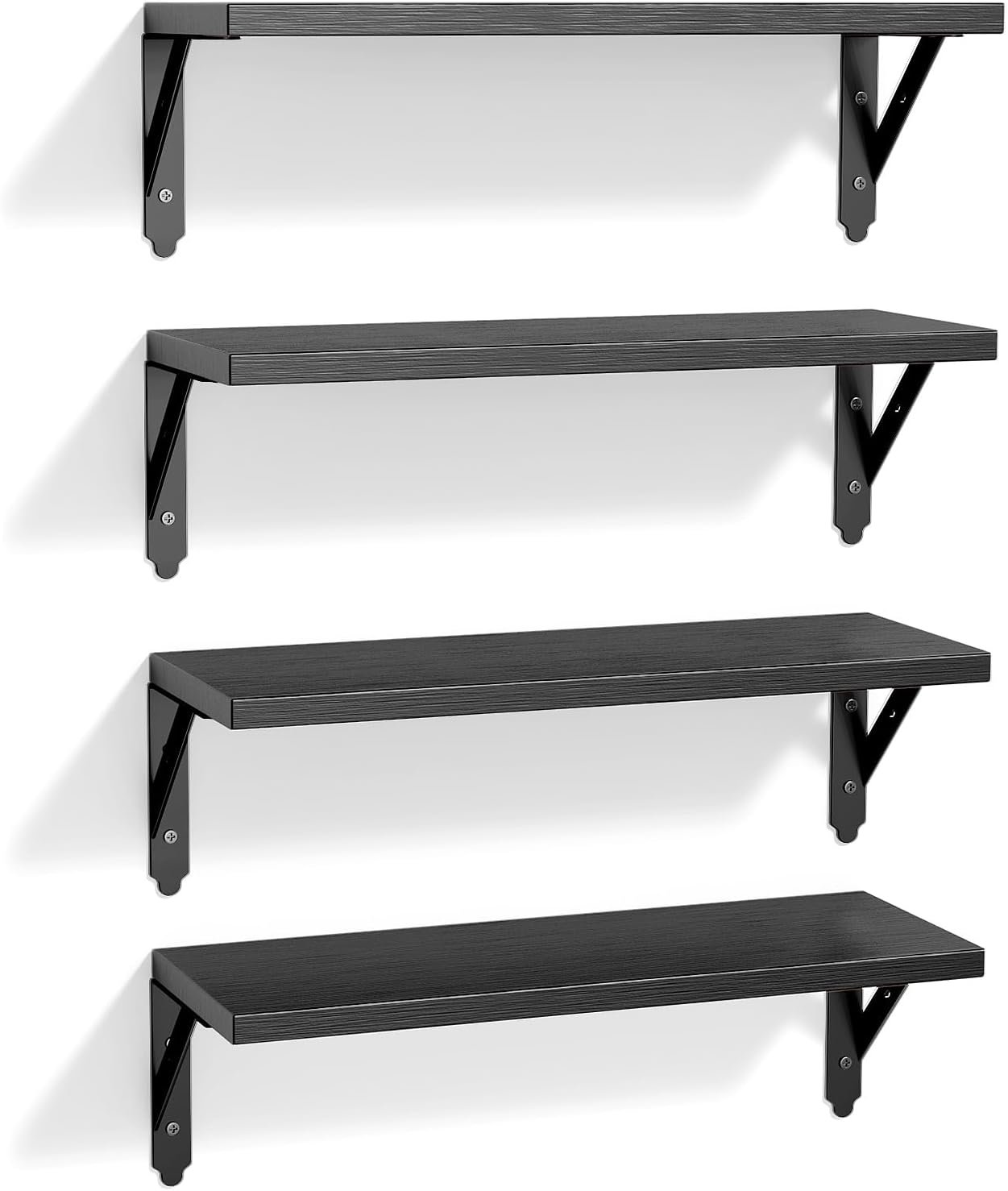 ROMGUAR CRAFT Wood Floating Shelves Set of 4, Rustic Storage Decor Wall Shelves, Wall Mounted Shelf for Living Room, Bedroom 17″ x 6″, Black