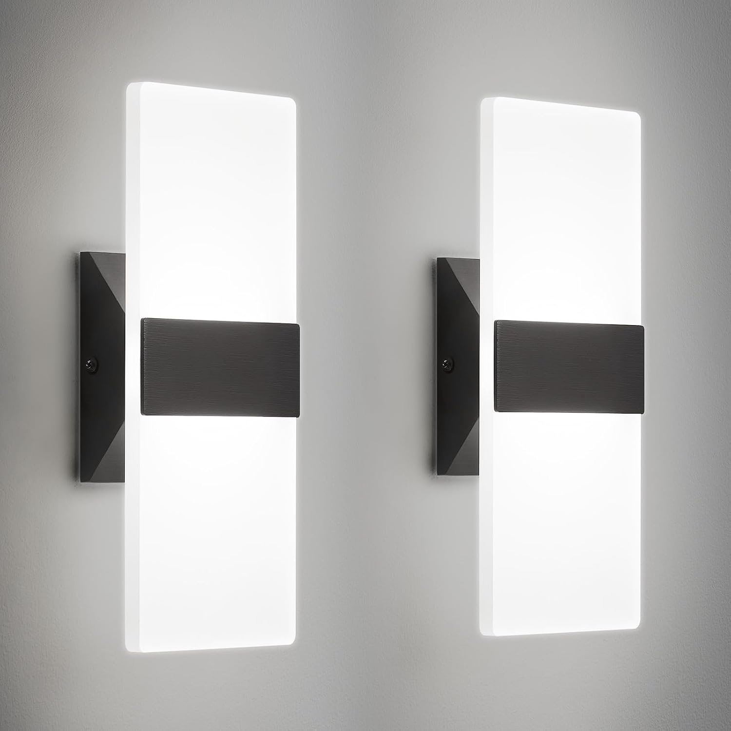 Modern LED Wall Sconces Set of Two, Dimmable Indoor Wall Lights, 5CCT 2700K-5000K Adjustable, Hardwired Acrylic Wall Lamps for Living Room Bedroom Bathroom Hallway, 12 Inch, Black, Damp Rated, ETL