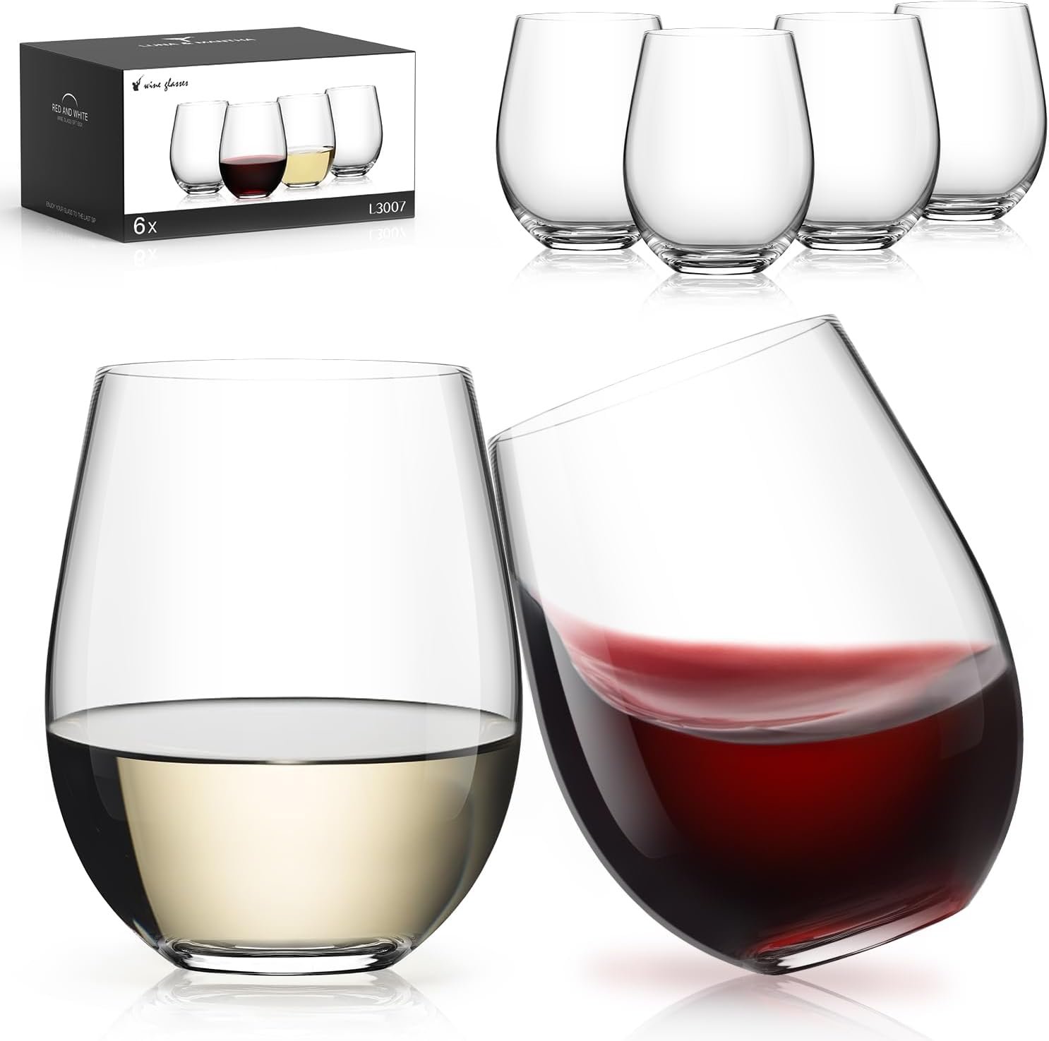 Stemless Wine Glasses Set of 6, 18oz Red White Wine Glass, No Stem | Glassware, Sturdy Drinking Glass, Home Bar, Daily Use, Hosting, Evening Party, Birthdays, Housewarming