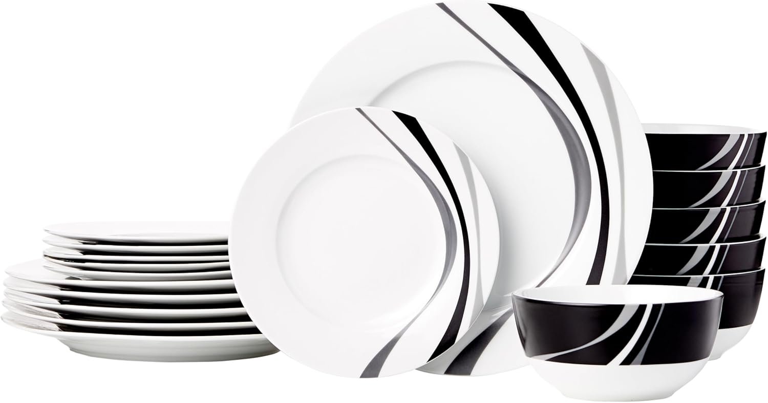 Amazon Basics 18-Piece Complete Kitchen Dinnerware Set, Microwave and Dishwasher Safe, Plates, Dishes, Bowls, Swirl, Heat Resistant, Service for 6, Everyday Use