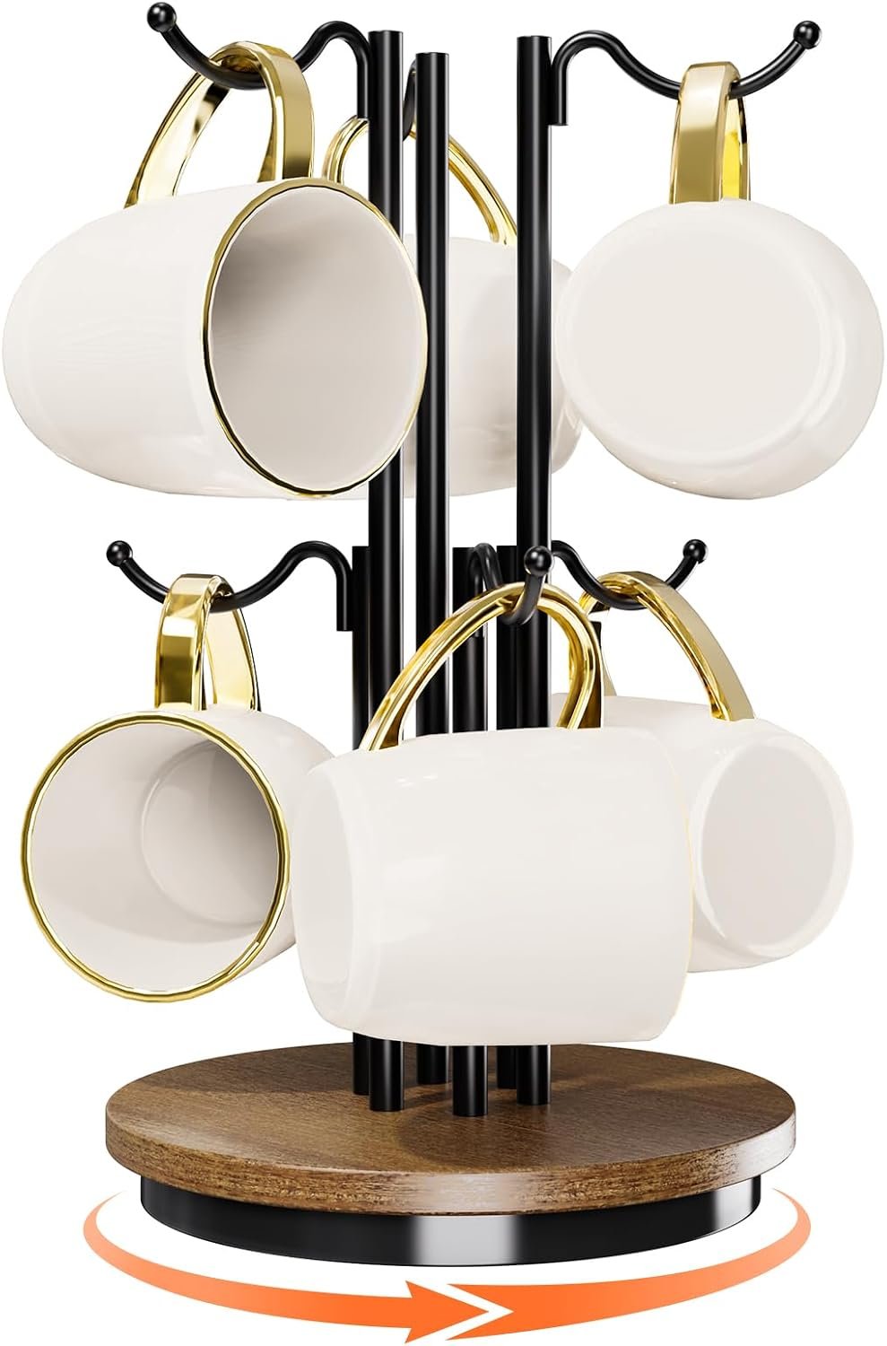 360° Rotating Large Coffee Mug Tree for Counter, 6-Hook, Wood Base, Brown | 360° rotation, 6 mugs (12-16oz), 5.7″ spacing, anti-slip, metal/wood, stable.