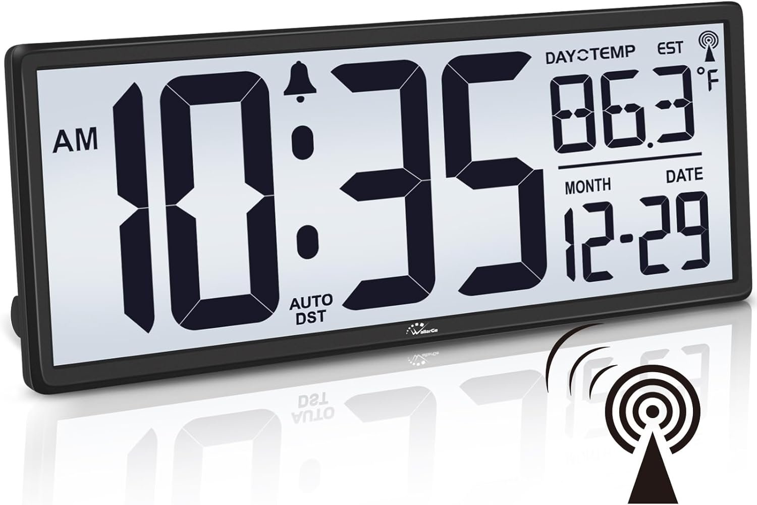 14.5” Atomic Digital Wall Clock Battery Operated with Backlight | Large Display with Temperature and Date, Easy to Read and Set, Auto DST, 4 Time Zone