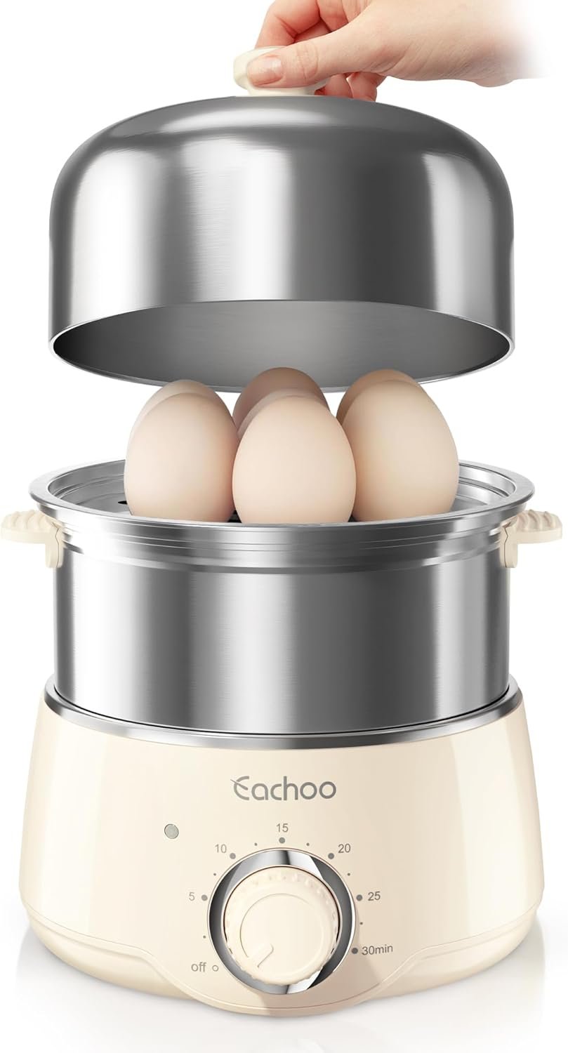 CACHOO Hard Boiled Egg Cooker, 14-Egg Stainless Steel Egg Boiler | Egg Steamer w/ 30-Min Timer, Auto Shut Off & Dishwasher Safe, Compact Electric Vegetable Steamer for Cooking, Beige
