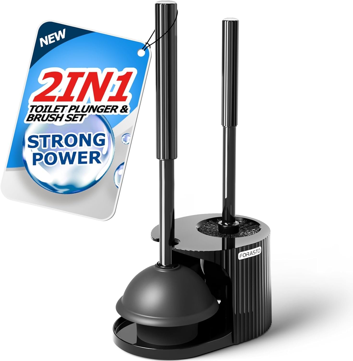 FORASTO 2in1 Toilet Brush and Plunger Set – Bathroom Bowl Holder Combo | 21″ Extended, Apartment Must Haves, Accessories Decor, Essentials, New Home Storage, Scrubbing Tools, Washing Supplies, Black