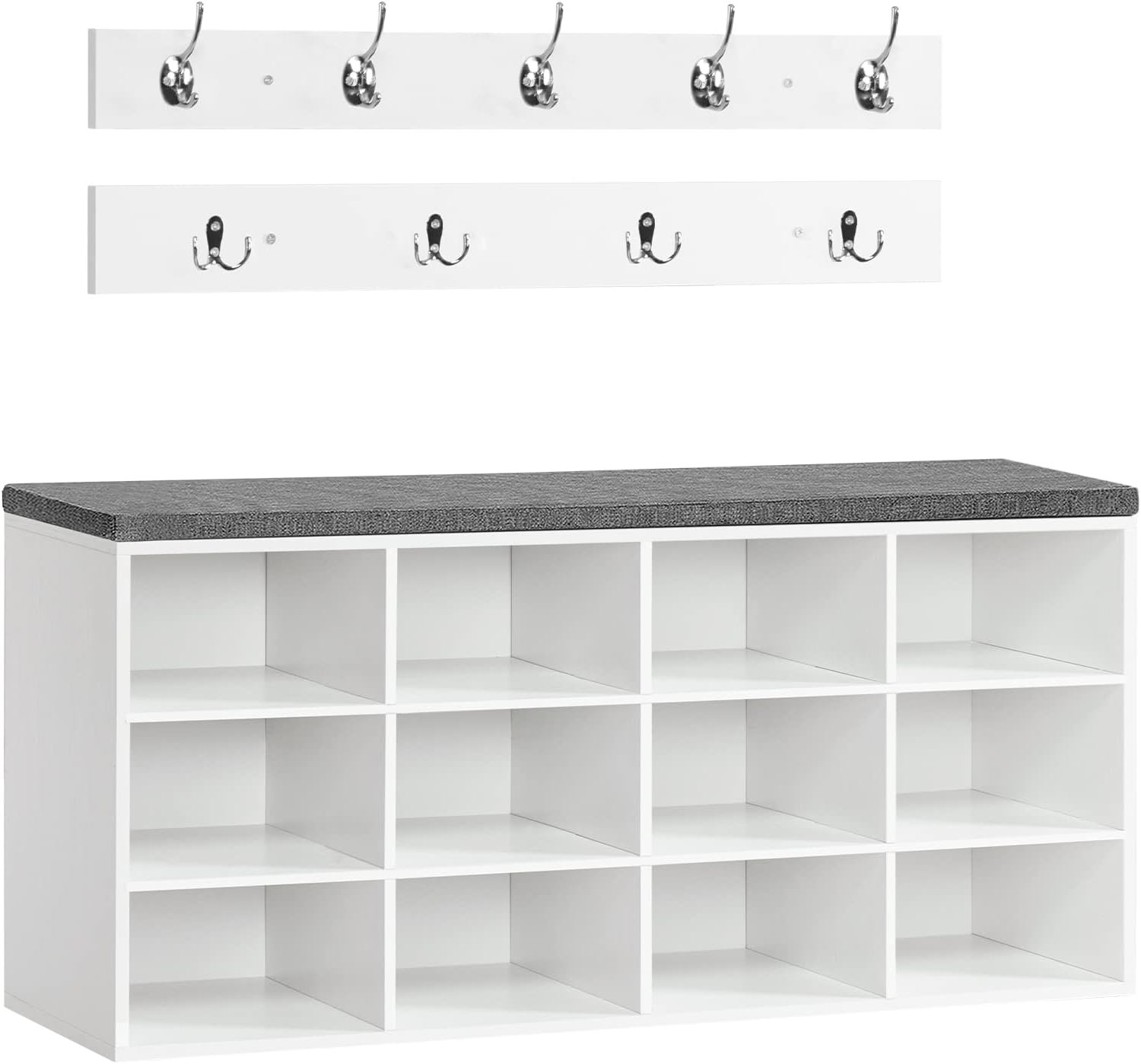 HOOBRO Shoe Storage Bench with Cushion, 39.4″ L Entryway Bench with 12 Cubbies, Entryway Hall Tree with Storage, Cubby Shoe Rack Bench with Coat Rack for Hallway, Holds up to 330 lb, White WT112HX01