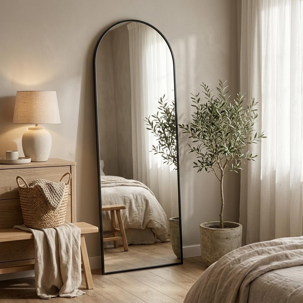 57.1″x18.1″ Floor Mirror Full Length, Arched Full Length Mirror with Stand, Full Body Mirrors for Bedroom Living Room or Cloakroom Black
