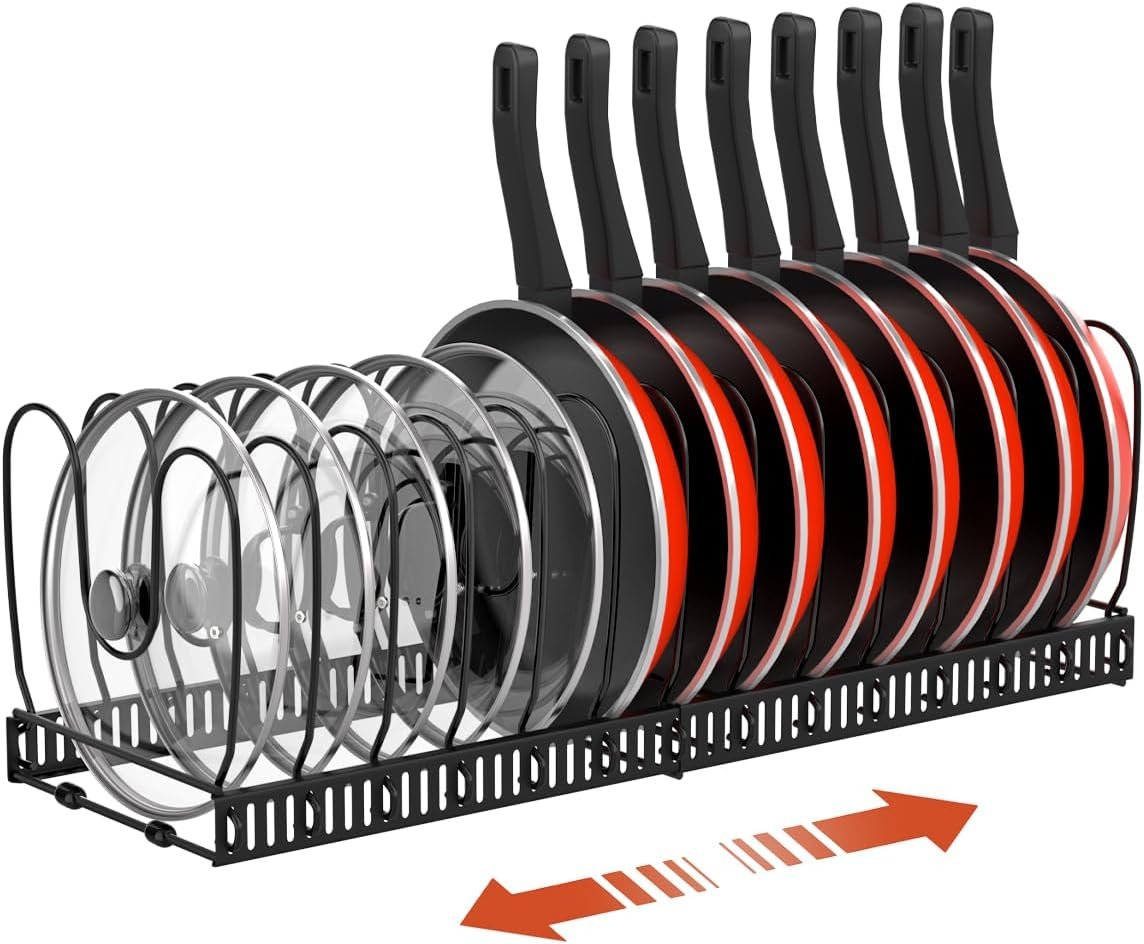 Housolution Pot and Pan Lid Organizer Holder Storage Rack, Black | 12″-23″ Expandable, 14 Adjustable Dividers, Sturdy Metal Construction, Easy Assembly