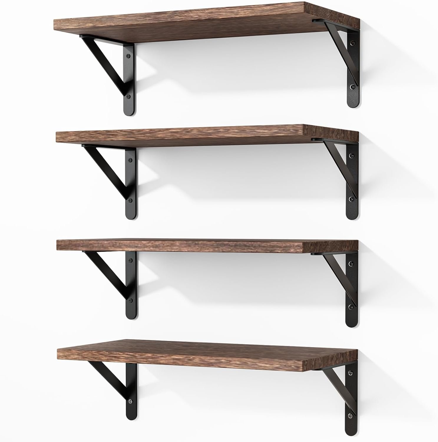 Fixwal Wall Floating Shelves for Home Decor (Brown, Set of 4, 16.5 Inch) | Wood Shelves, Natural Grain, 40Lb Capacity, Sturdy Triangle Brackets, Versatile for Any Room