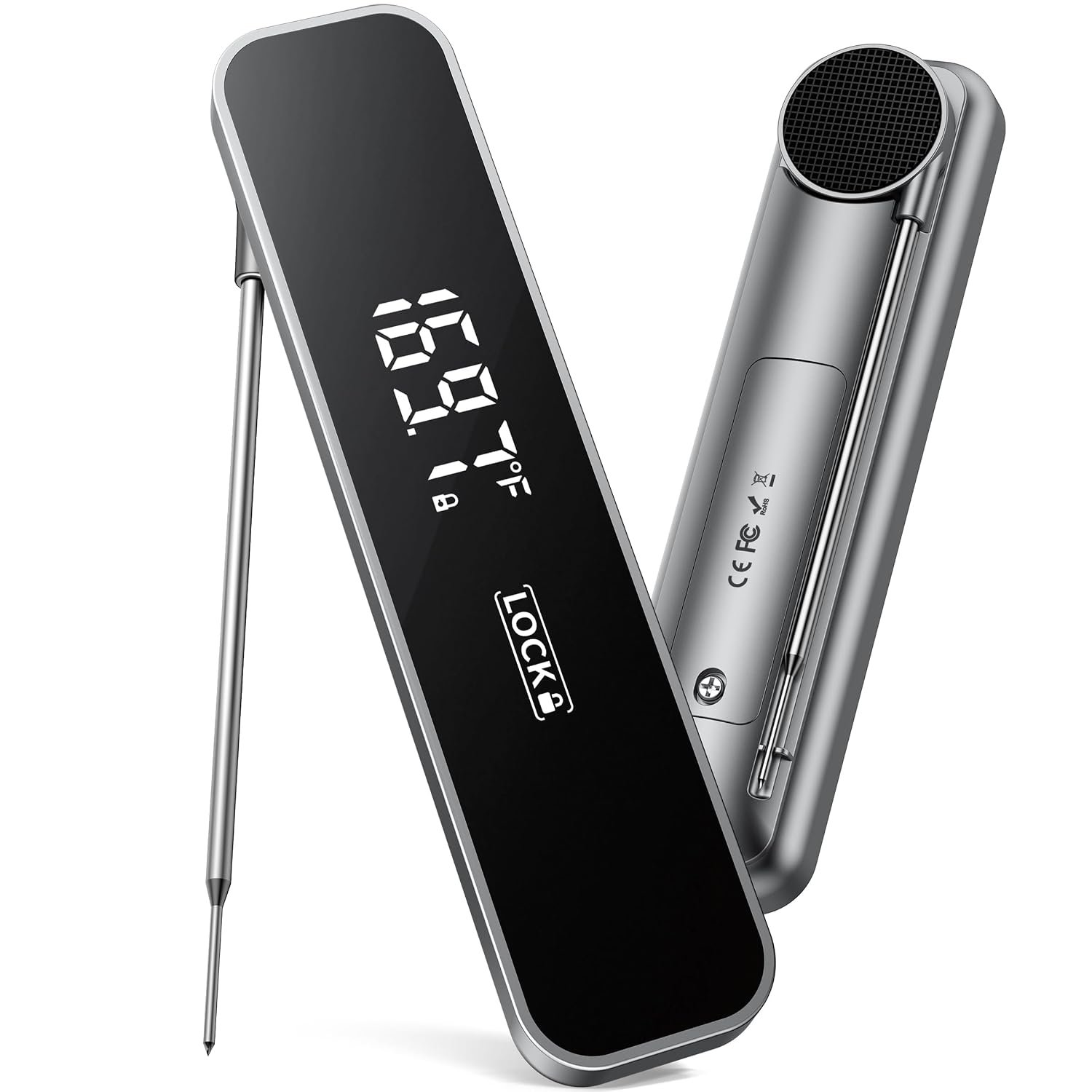 0.3 Sec Instant Read Meat Thermometer Digital for Grilling, Grey | Waterproof, for Cooking, BBQ, Air Fryer, Smoker, Candy, Kitchen Gadgets, BBQ Essentials, Gift for Dad, Men