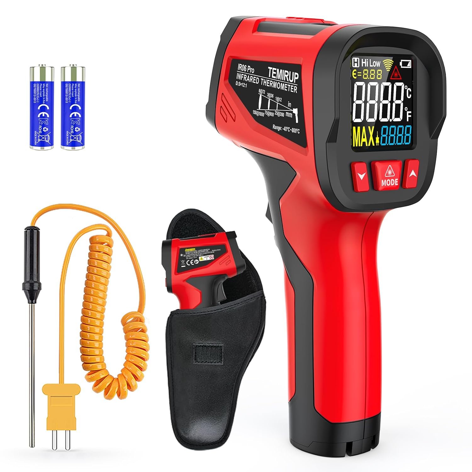 Infrared Thermometer Gun, Digital Laser Temperature Gun with Probe, -40°F~1472°F Non-Contact IR Thermometer with Adjustable Emissivity for Cooking, Pizza Oven, Griddle, Grill & Meat