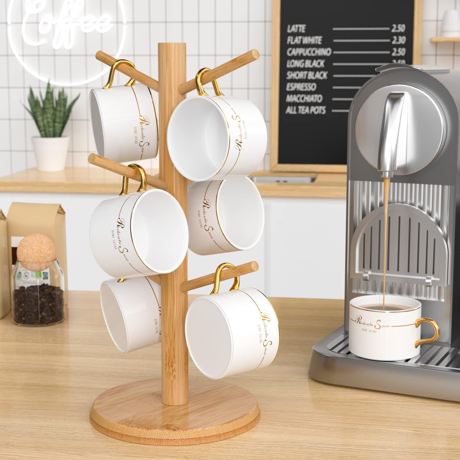 Wisuce Coffee Mug Holder with 6 Hooks, Bamboo Mug Tree Stand for Countertop | Non-Slip Coffee Cup Holder, Stable Wooden Base, Mug Rack for Kitchen Coffee Bar Cabinet Decor, Space-Saving, Easy to Assemble